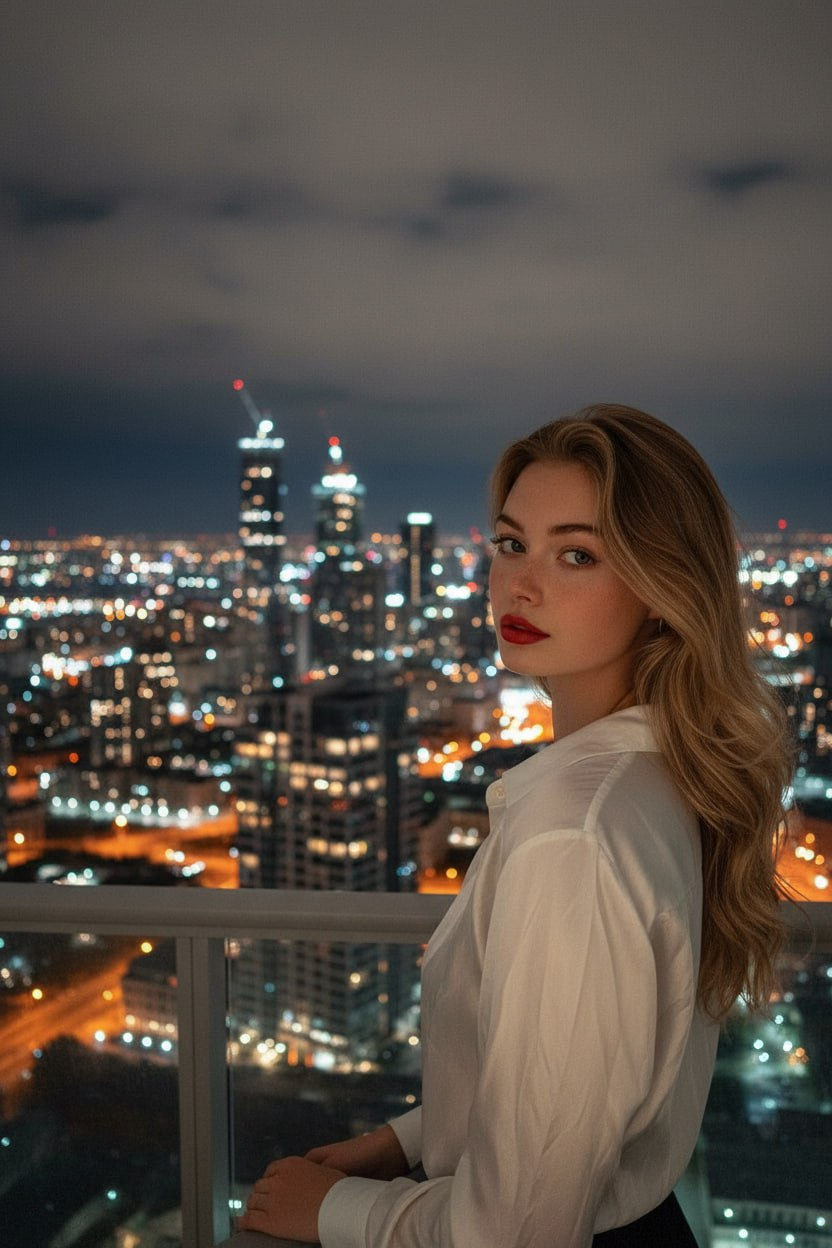 A confident woman on a high-rise balcony, posing elegantly with a city skyline sparkling at night.