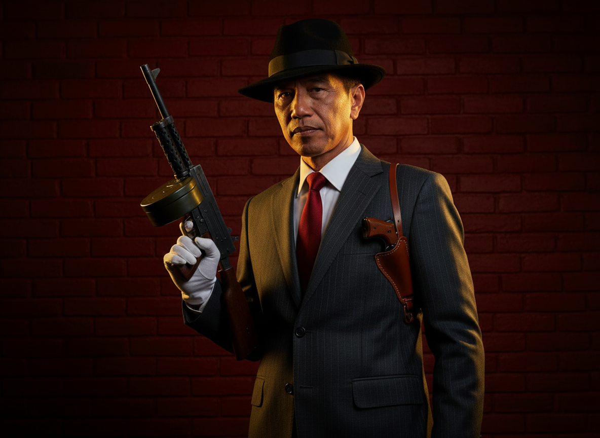 A hyperrealistic portrait of a 1930s gangster in a pinstripe suit, holding a toy Tommy gun against a crimson brick wall.
