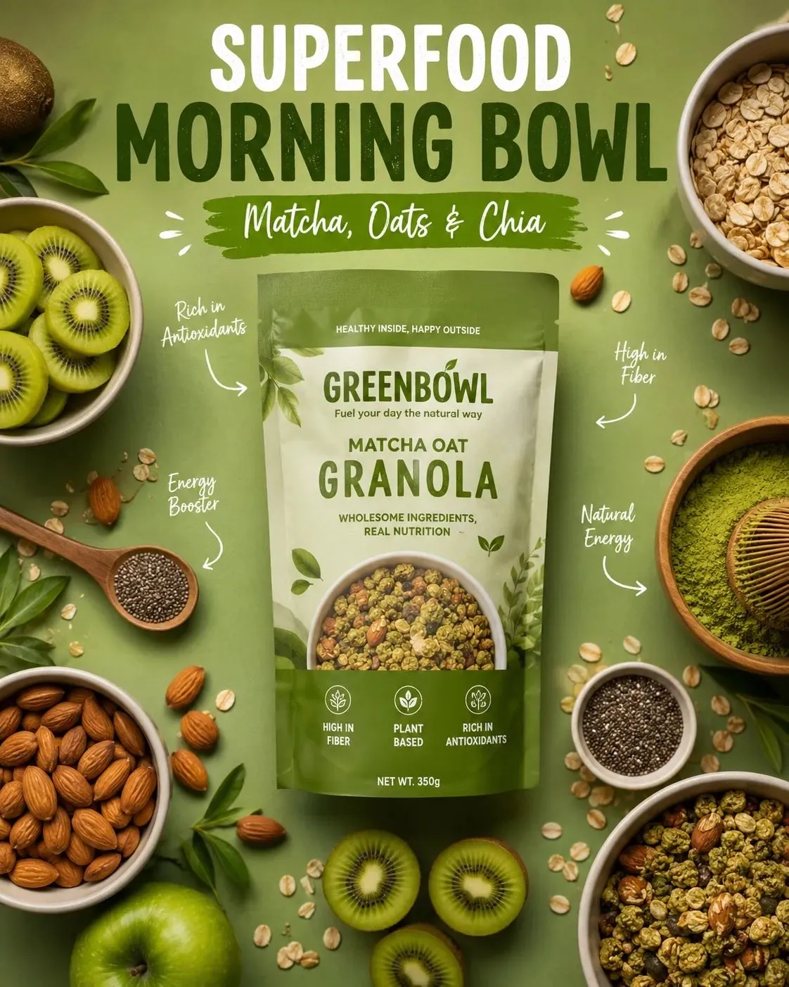 Matcha Granola Flat Lay With Kiwi Almonds