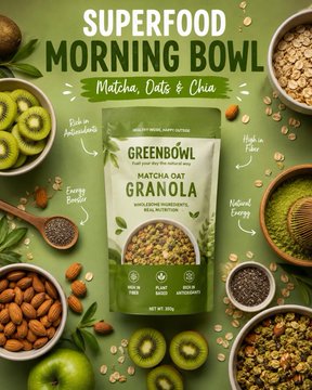 Overhead flat lay of matcha granola pouch with ingredients like sliced kiwi, almonds, and matcha powder.