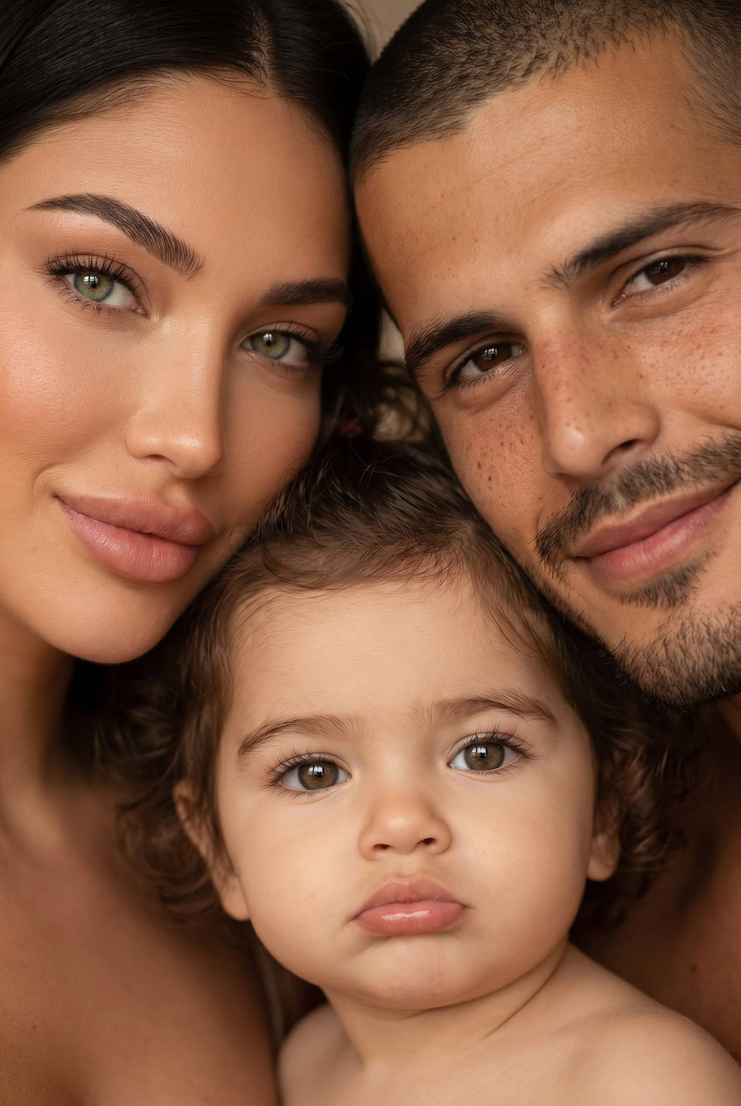 A close-up portrait of a warm family moment with two adults and a baby, showcasing their affectionate expressions and skin textures.