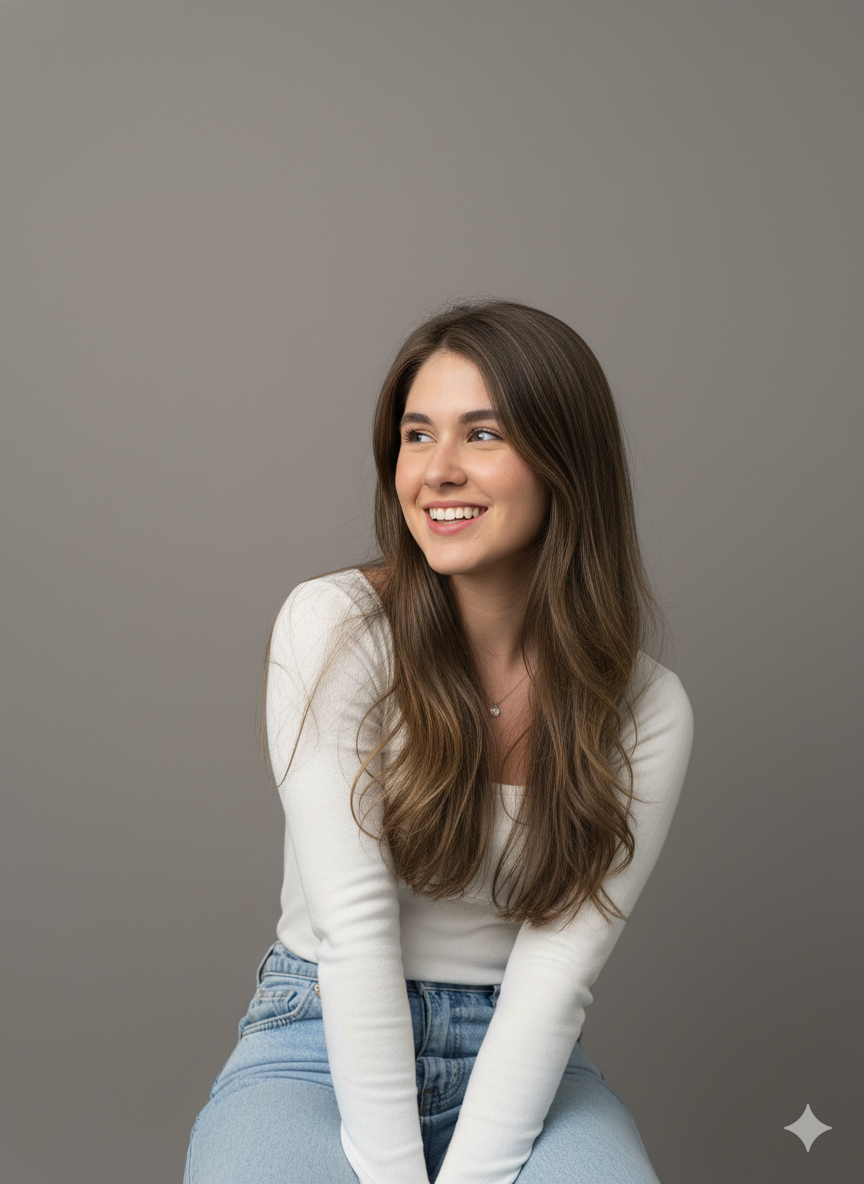 Retrato de uma pessoa sorrindo em um estúdio com fundo cinza, usando camisa branca e calça jeans azul-clara.