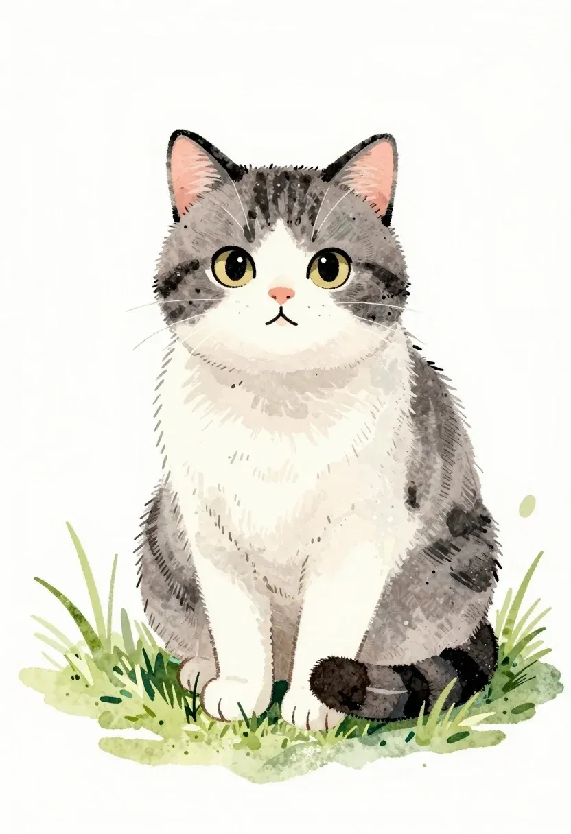Soft Watercolor And Ink Illustration Cute Cat Sitting Grass Subject