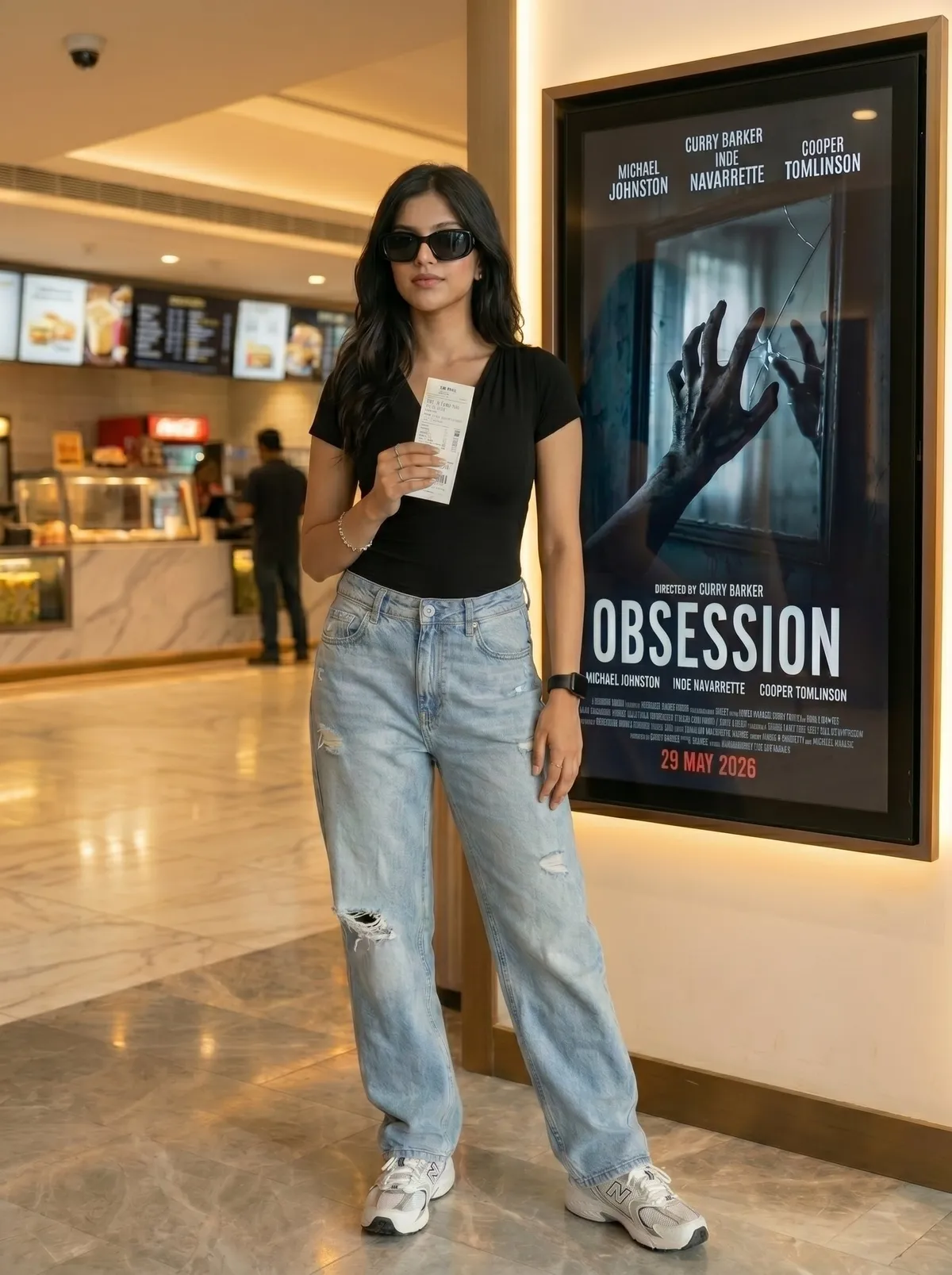 Movie Theater Lobby With Film Poster And Cinema Ticket