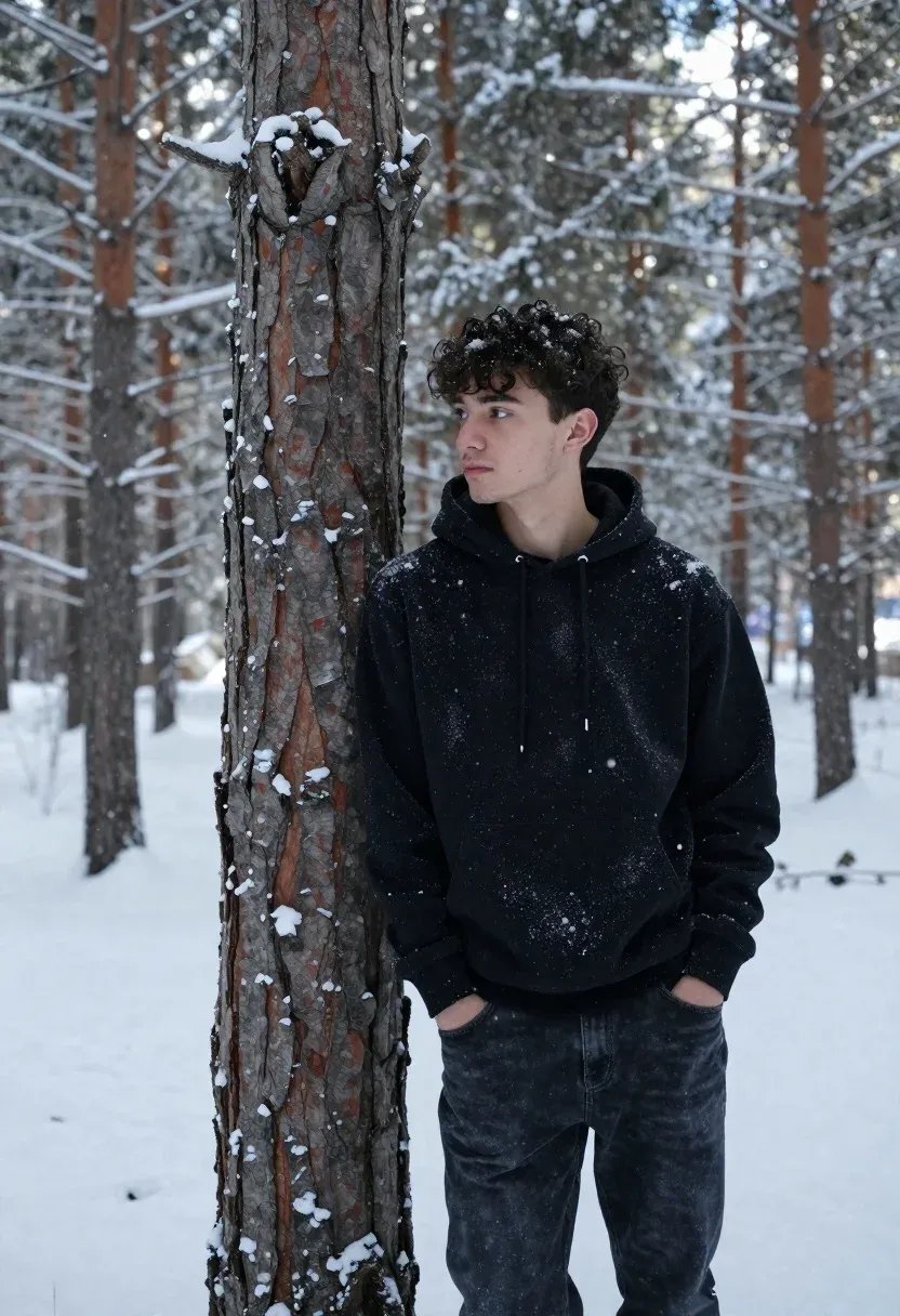 Young Man With Dark Curly Hair Stands Leaning Against Large