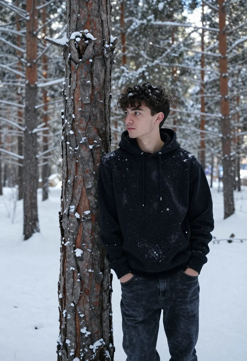 Young Man With Dark Curly Hair Stands Leaning Against Large