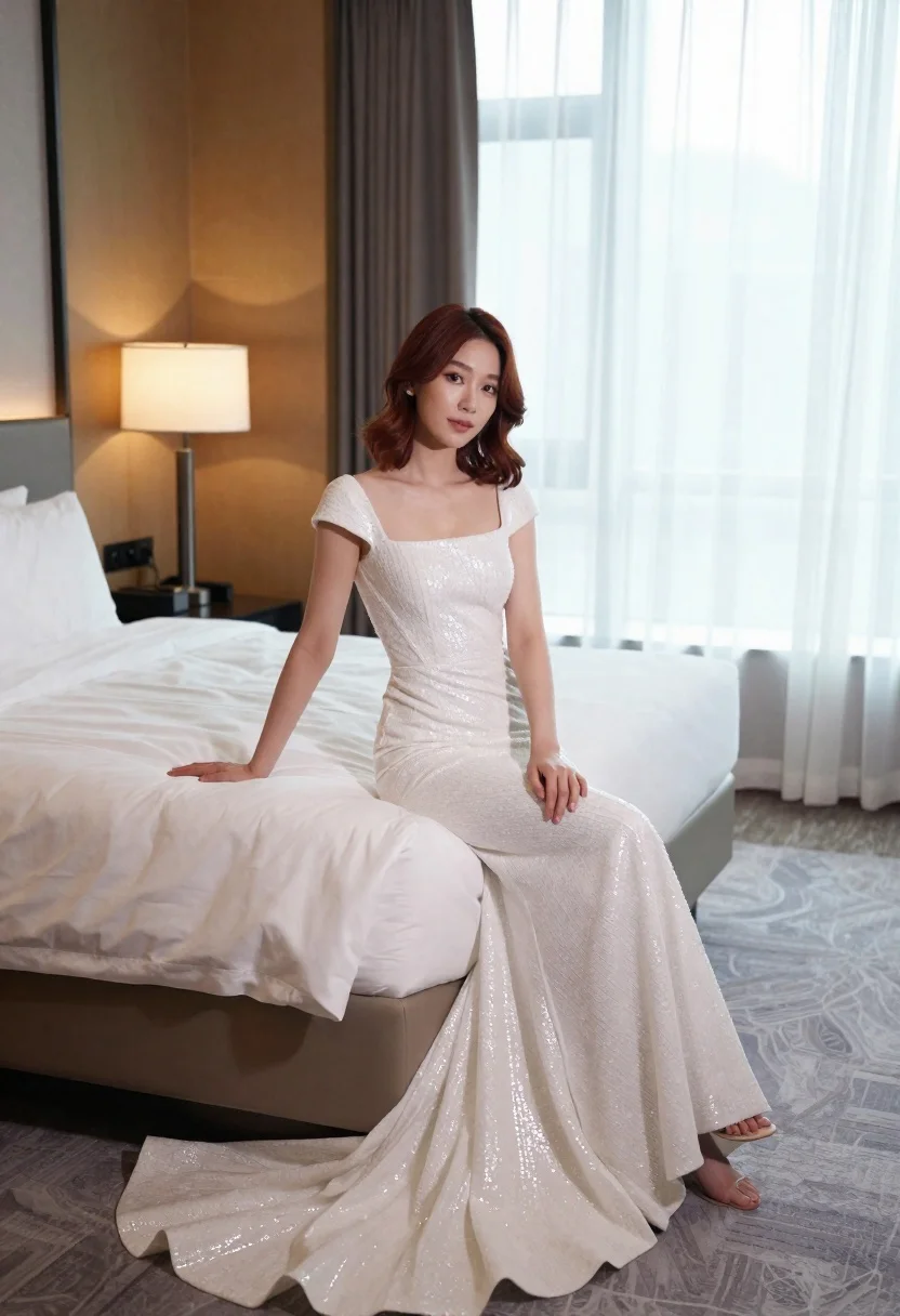 Woman With Short Reddish-brown Hair Sits The Edge Large Bed reference photo