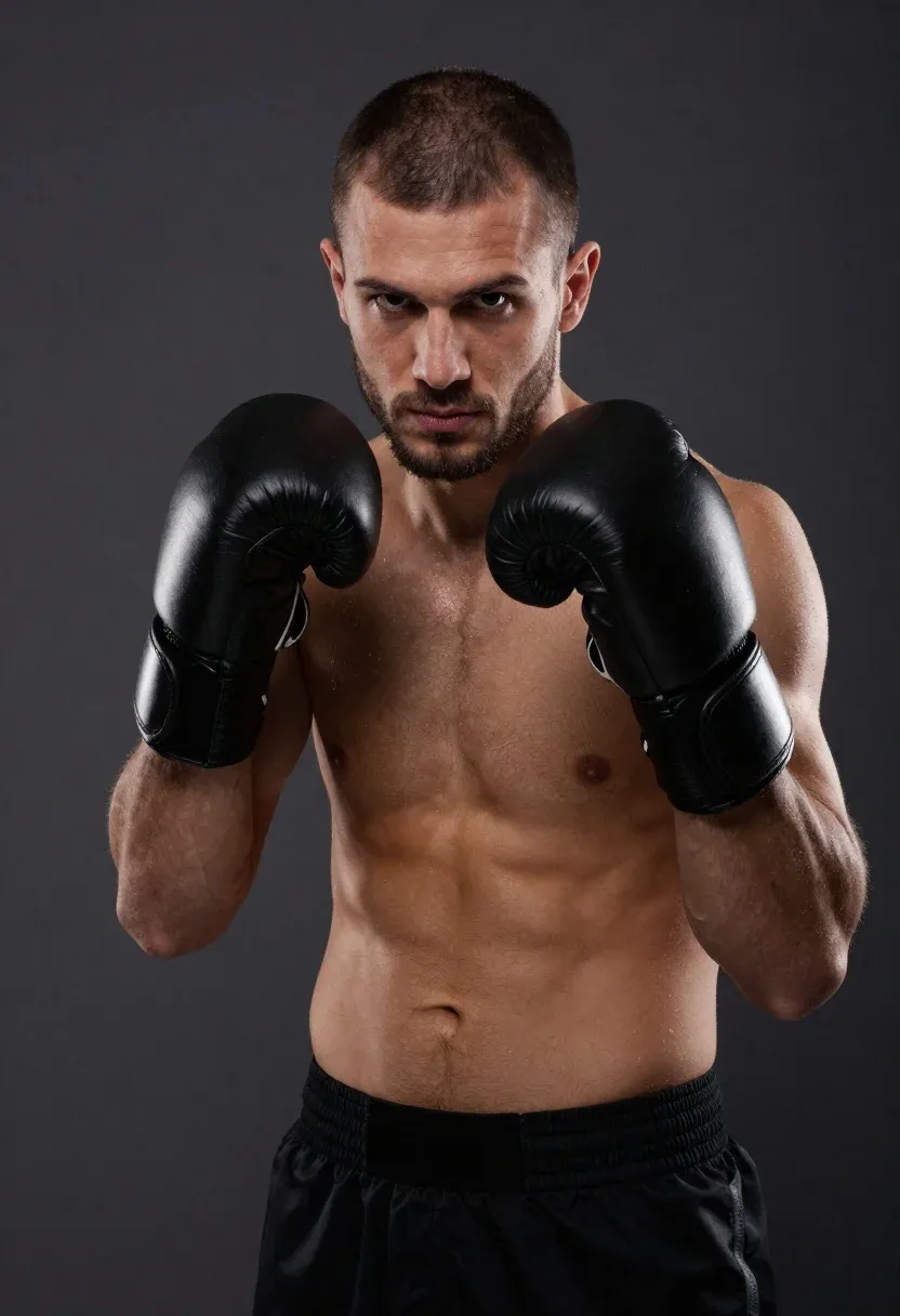Medium And Scene Studio Portrait Muscular Male Boxer Fighting Stance