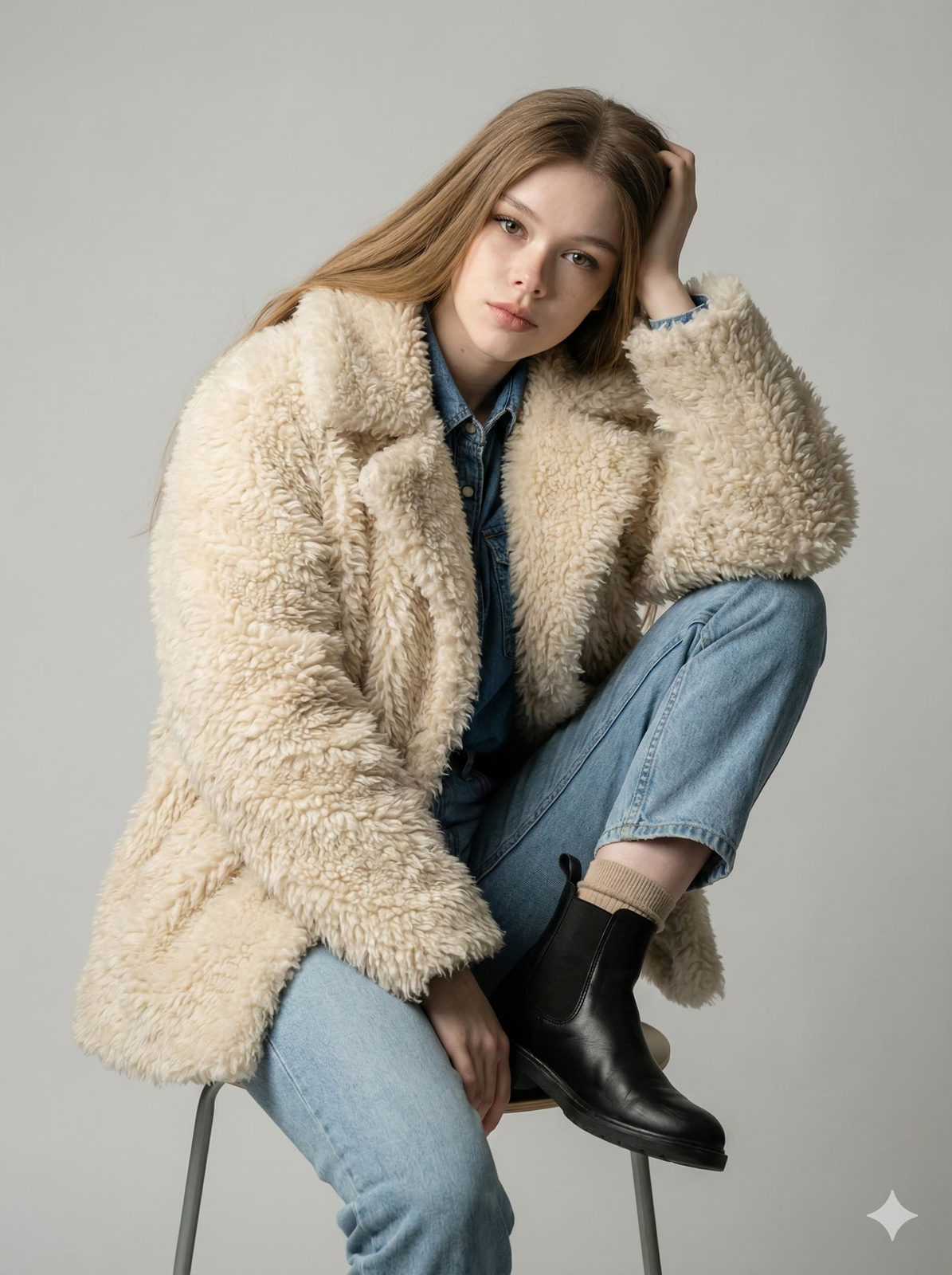 Seated model in cream shearling jacket with denim shirt and jeans, relaxed pose against light gray studio backdrop.
