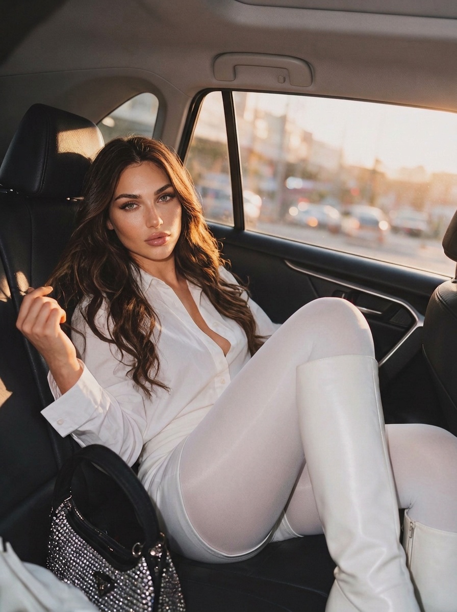 A young woman named Lily sitting in a car backseat, angled toward the camera, one leg raised, wearing a white outfit, holding hair.