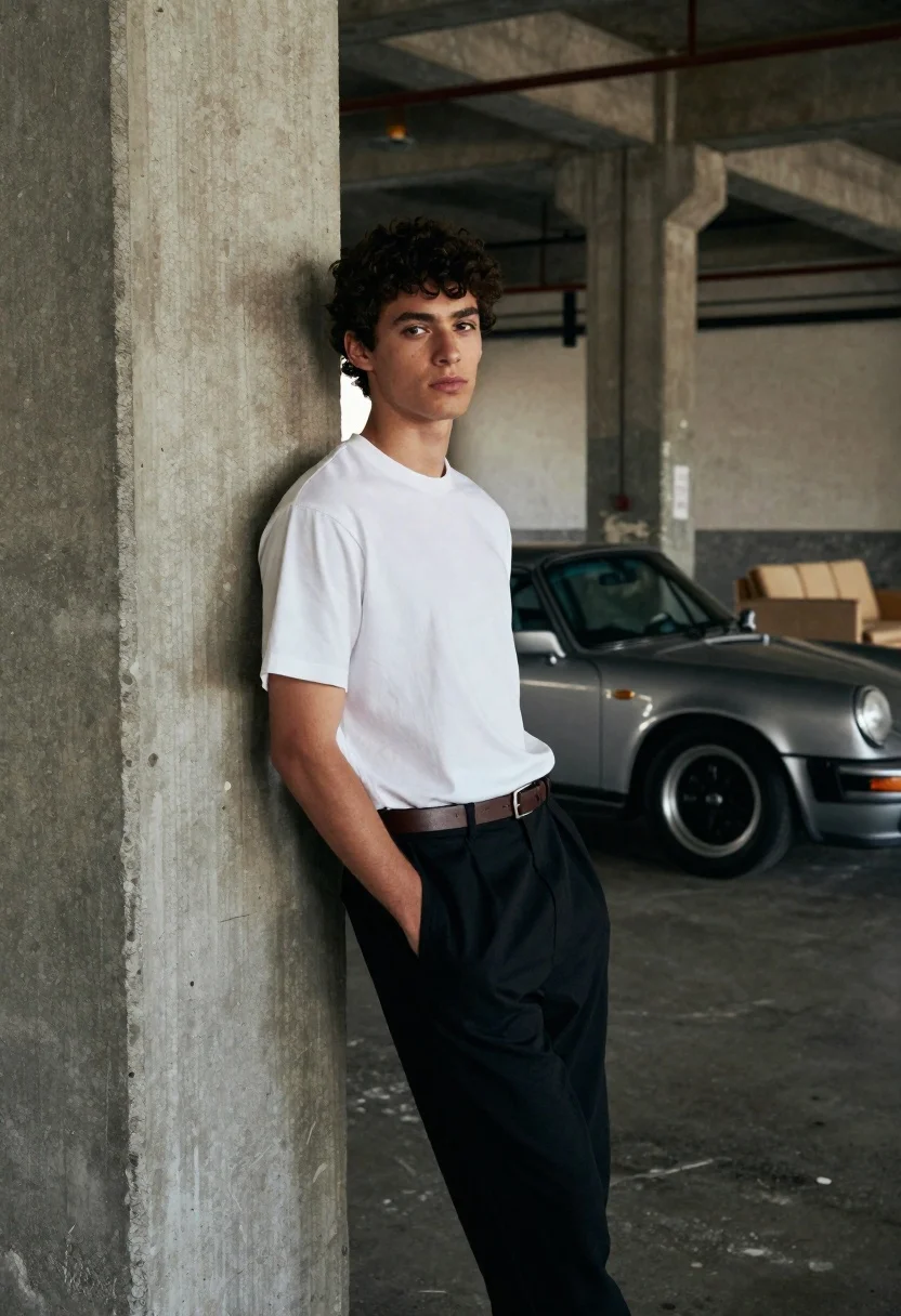 Young Man With Dark Curly Hair Leans Casually Against Rough