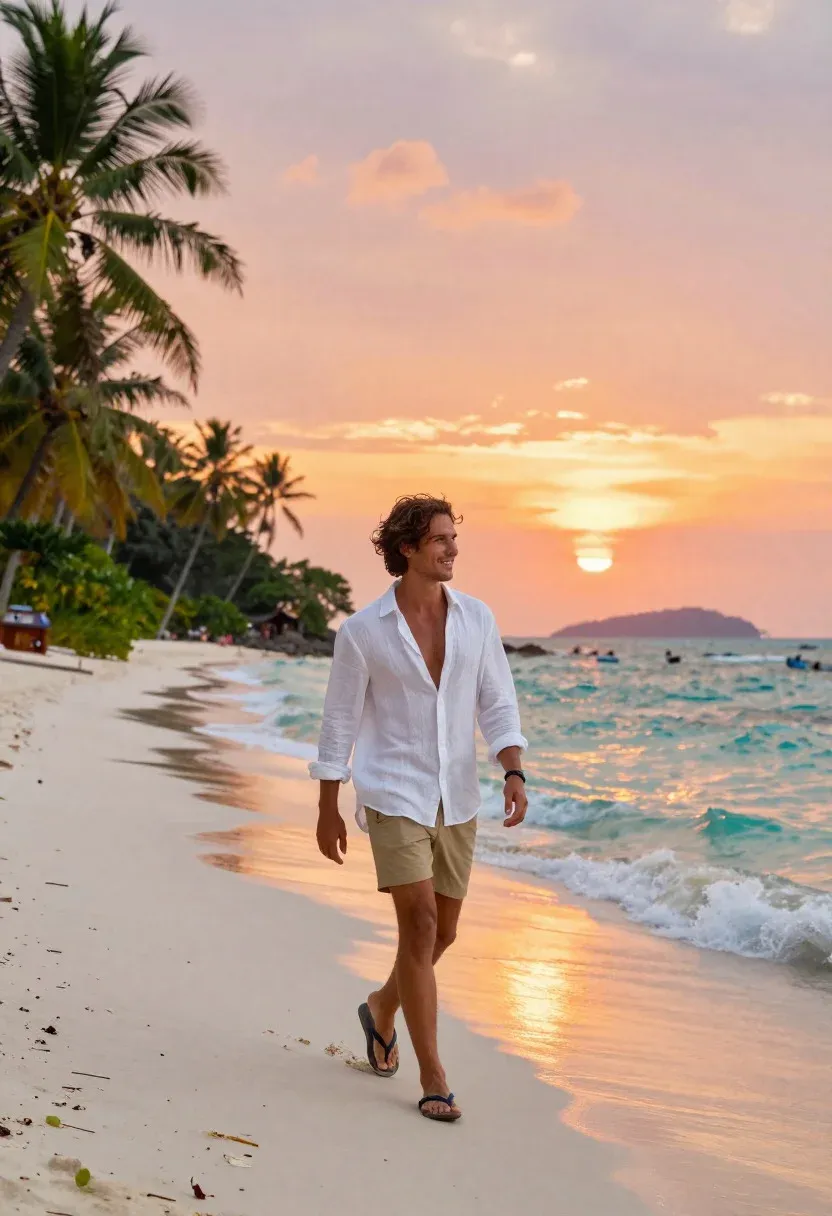 Vibrant Tropical Paradise Scene Relaxed Man Strolling Along Pristine Beach