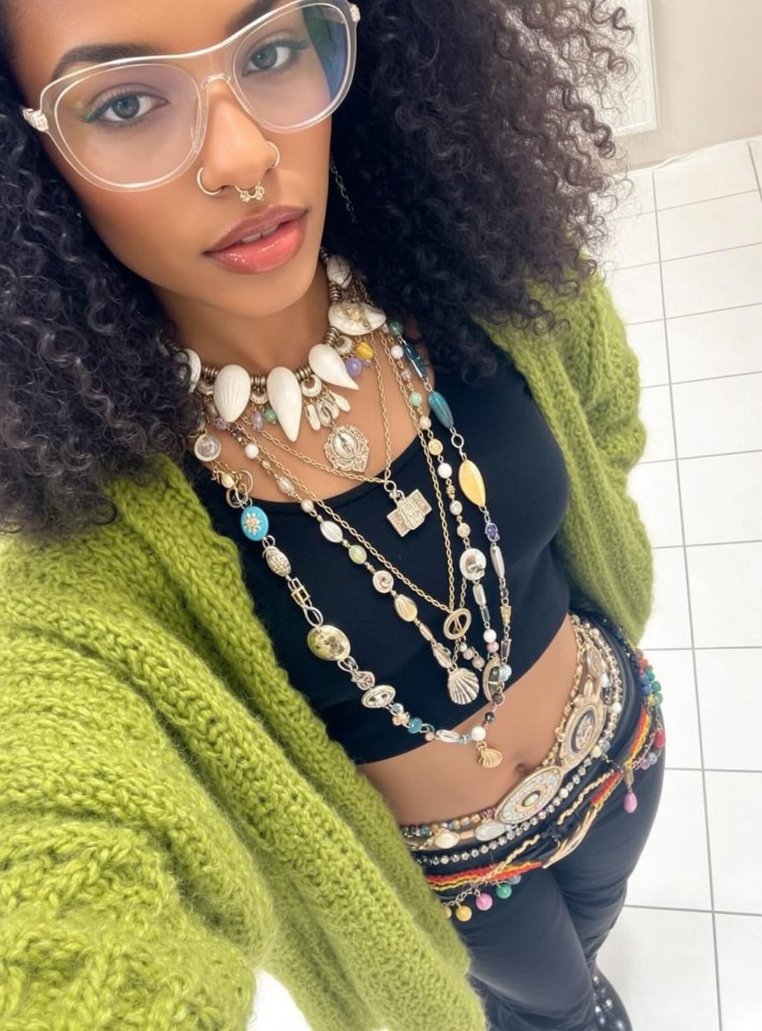 Green Cardigan Woman Tiled Floor Natural Light