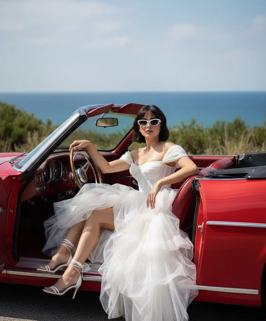 Sunglasses And Vintage Red Convertible Portrait