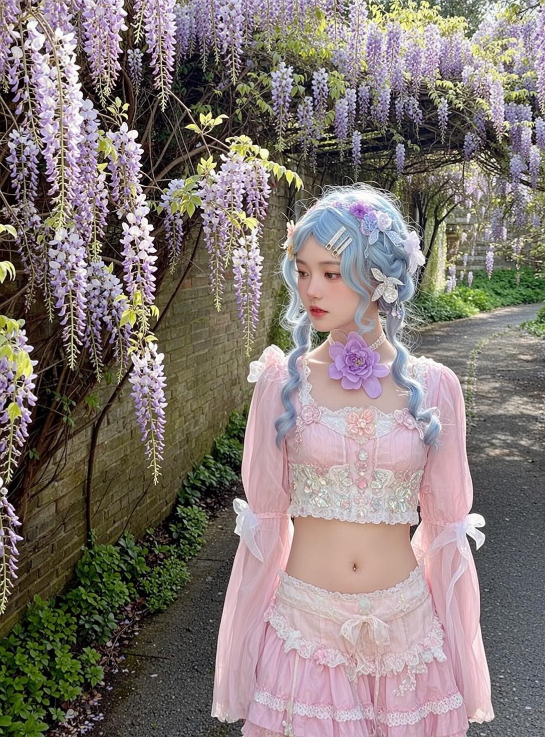 Fairycore Young Light Blue Braided Pigtails Floral