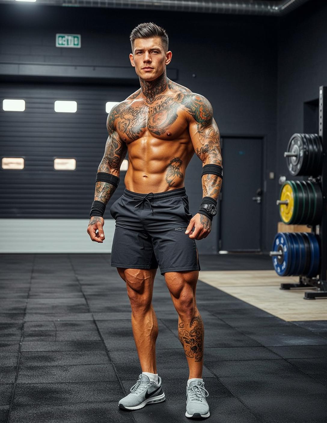 Muscular Short Styled Dark Tan Defined Musculature