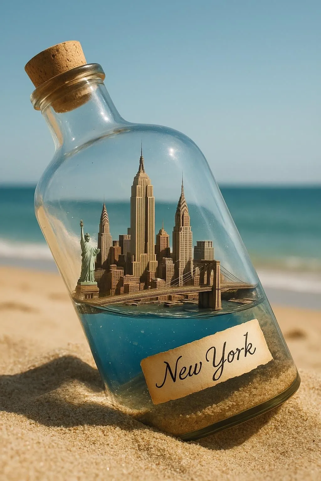 City Bottle In Sand Ocean Background Poster