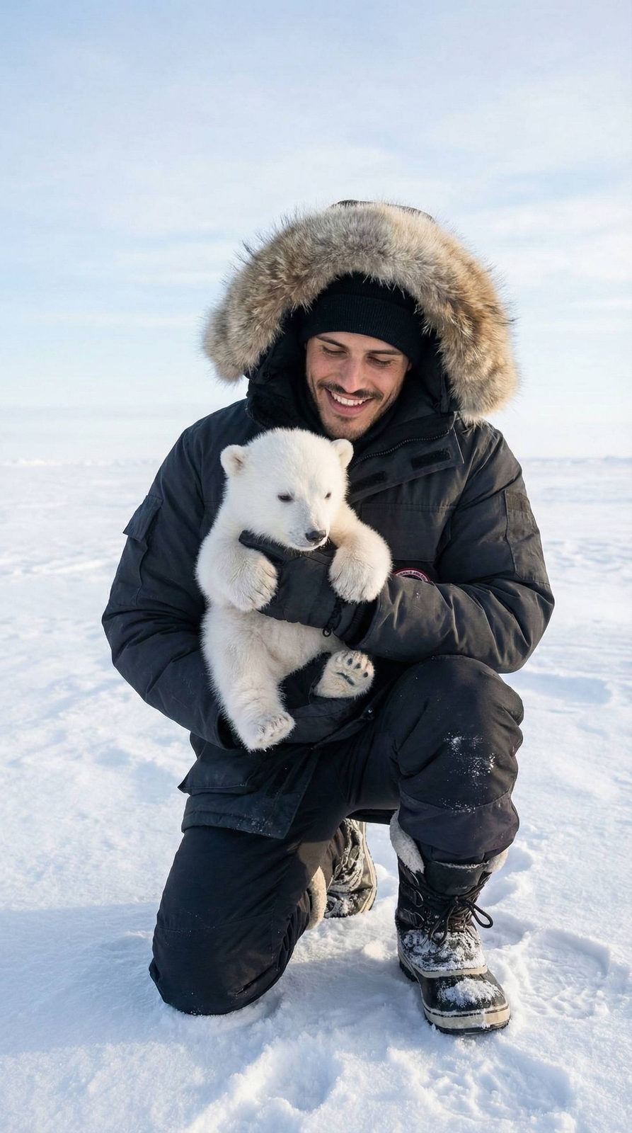 Person cradling a fluffy polar bear cub in a bright arctic landscape, dressed in winter gear.