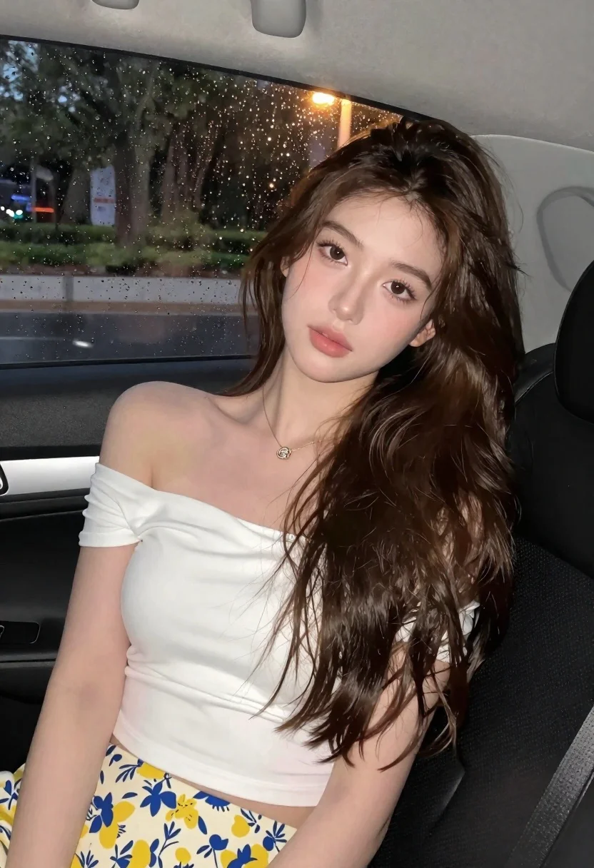 Young Woman With Long Wavy Brown Hair Sits The Back reference photo