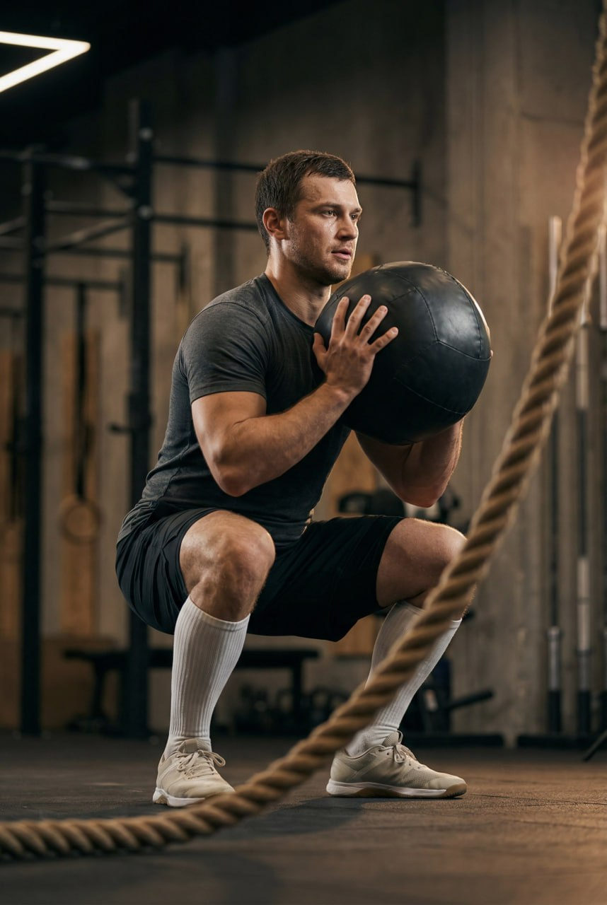 A man performing a deep squat with a medicine ball, strong arms and legs, well-lit face expressing determination.