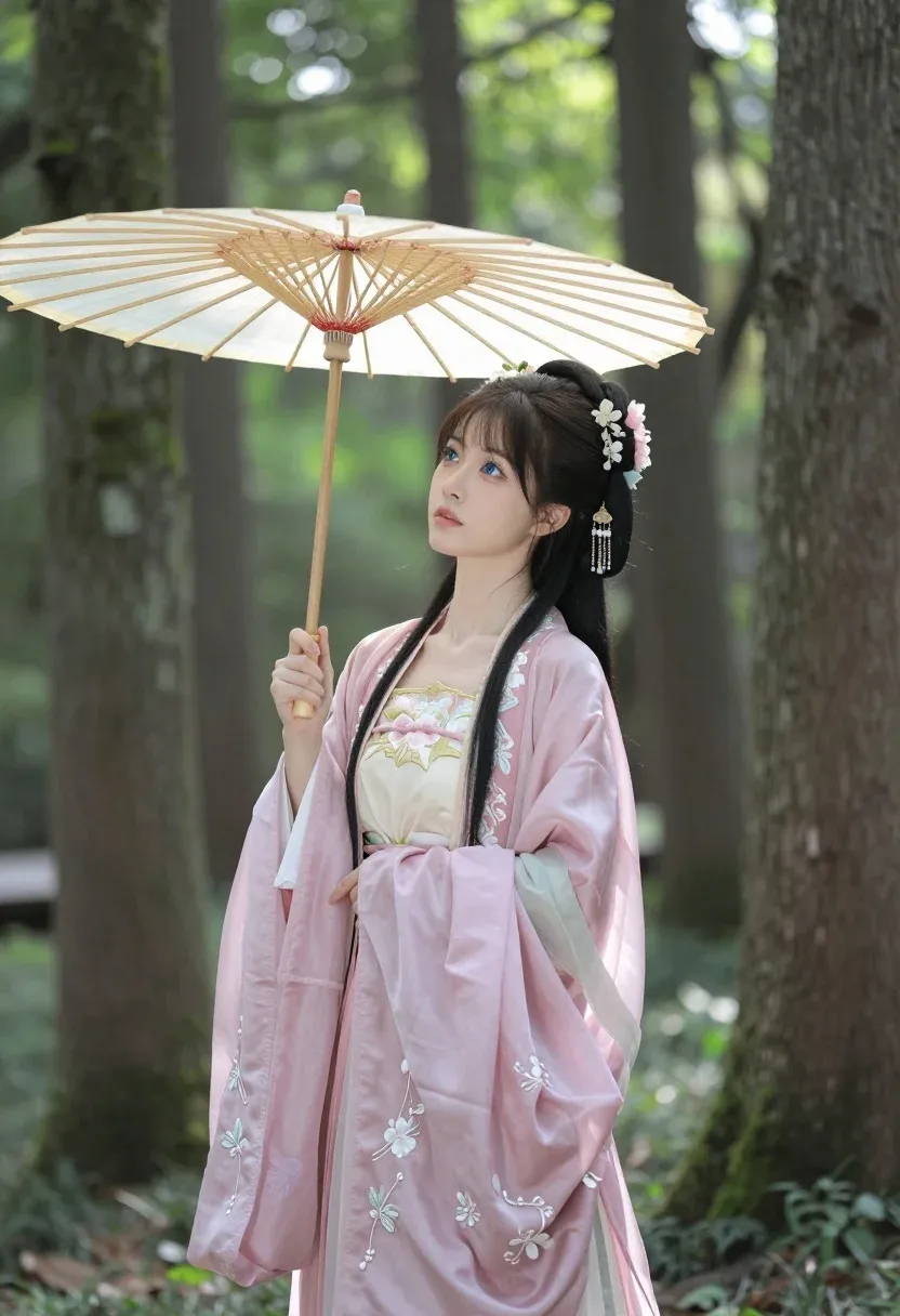 Young Woman Stands Sun-dappled Forest Holding Ornate Paper Parasol Subject