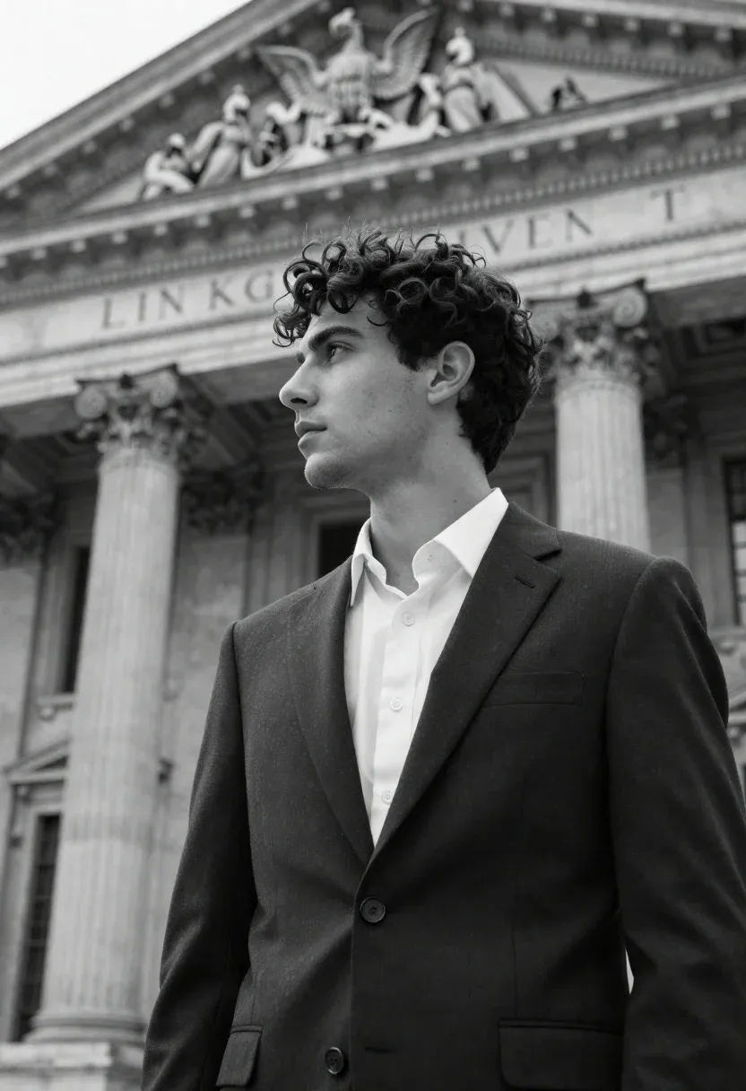 Young Man With Dark Curly Hair Stands Profile Against Grand