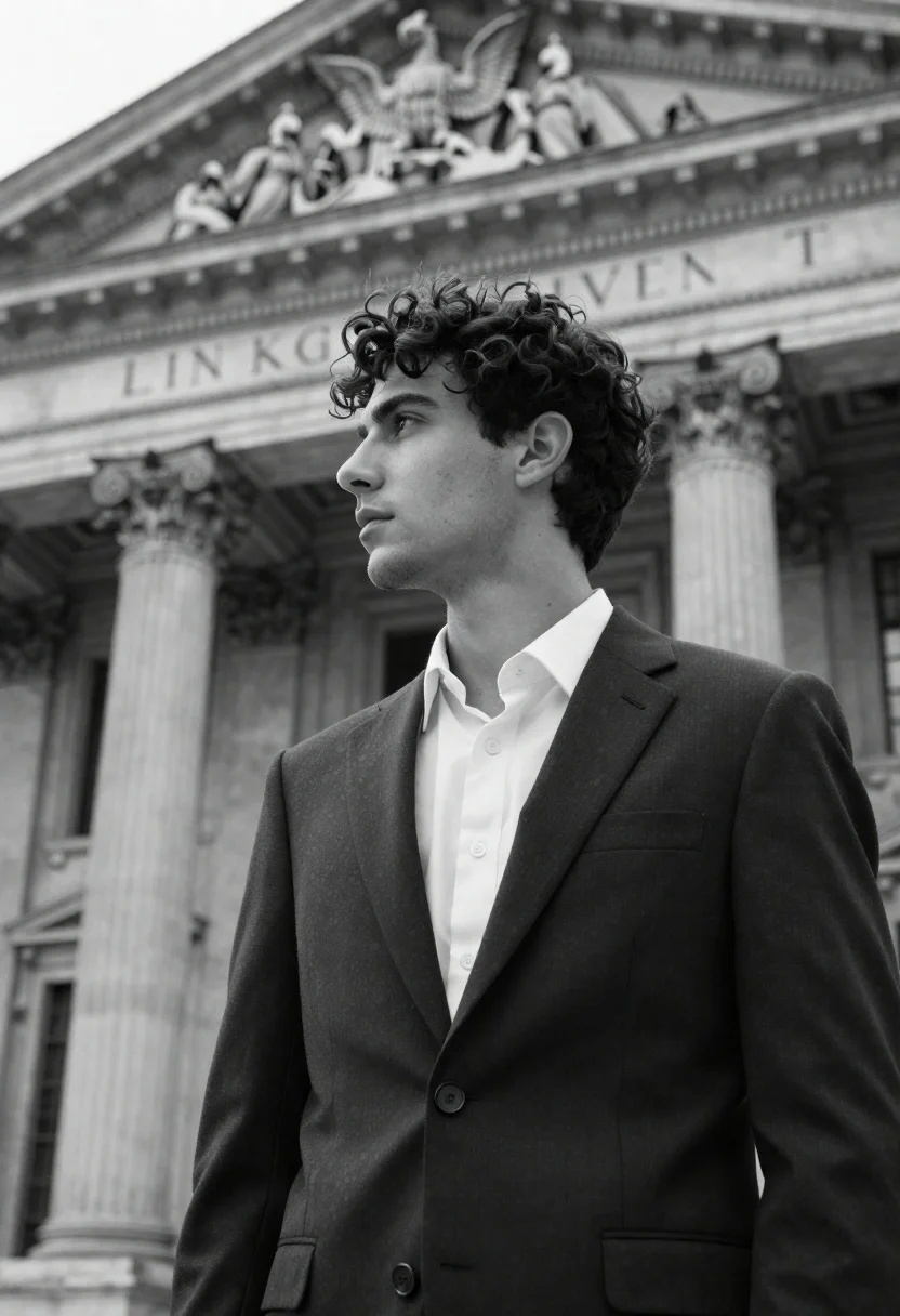 Young Man With Dark Curly Hair Stands Profile Against Grand