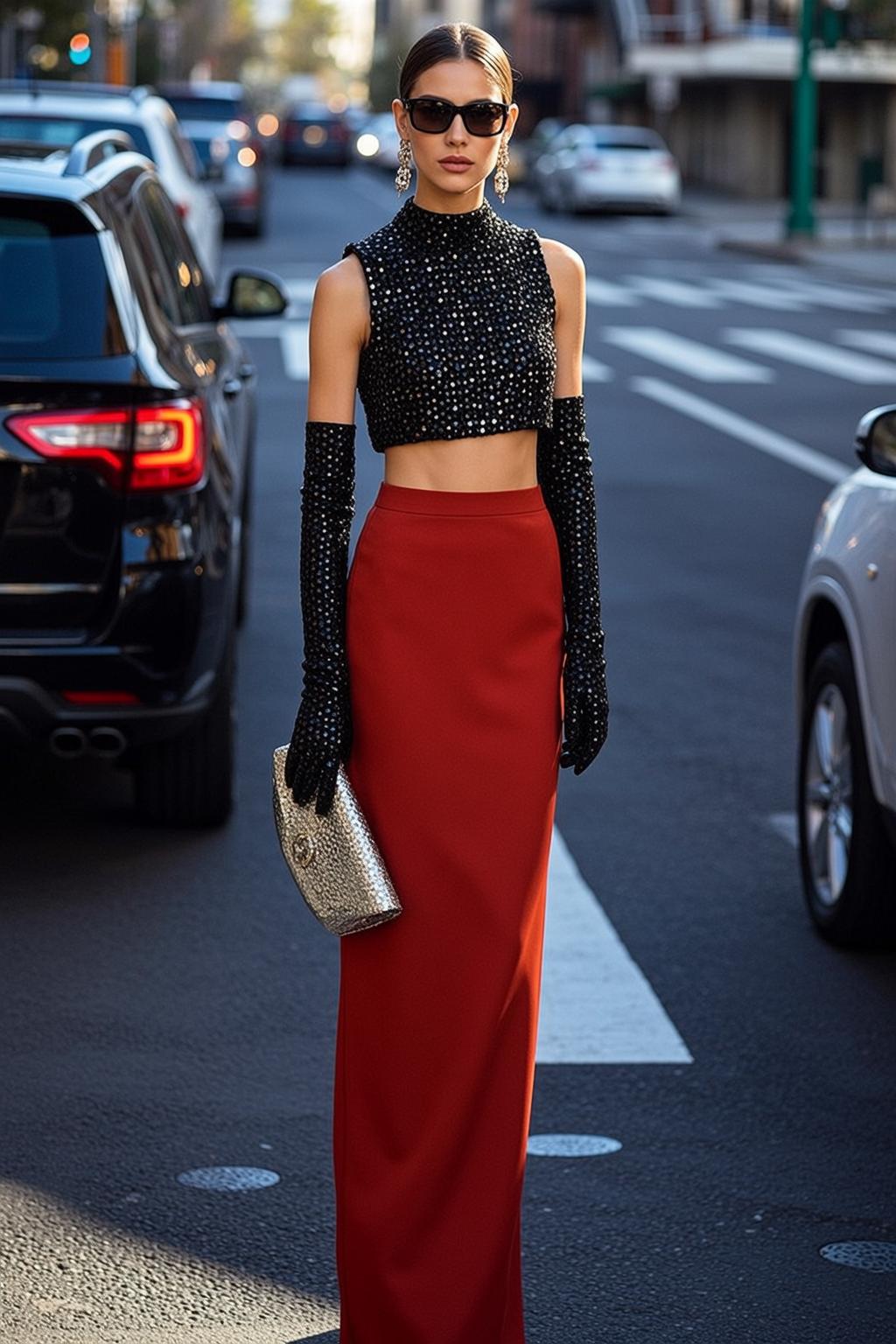 Red Maxi Skirt Sequin Gloves City Street