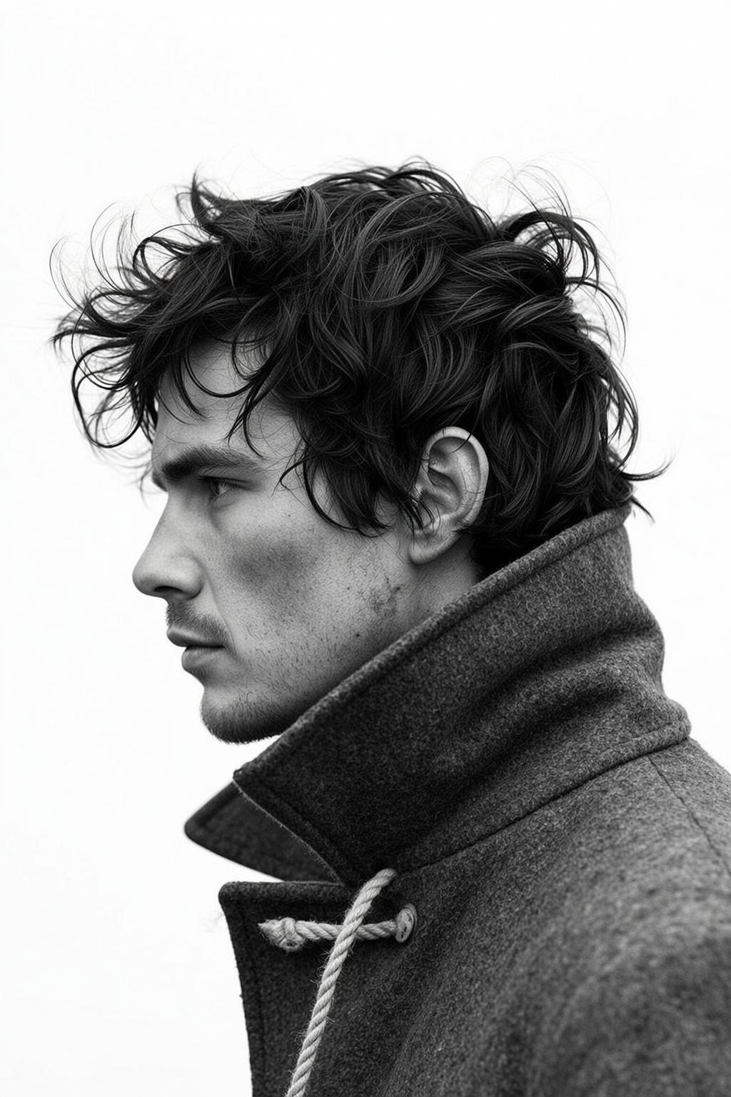 Photorealistic Black And White Medium Close-up Portrait Young Man Profile