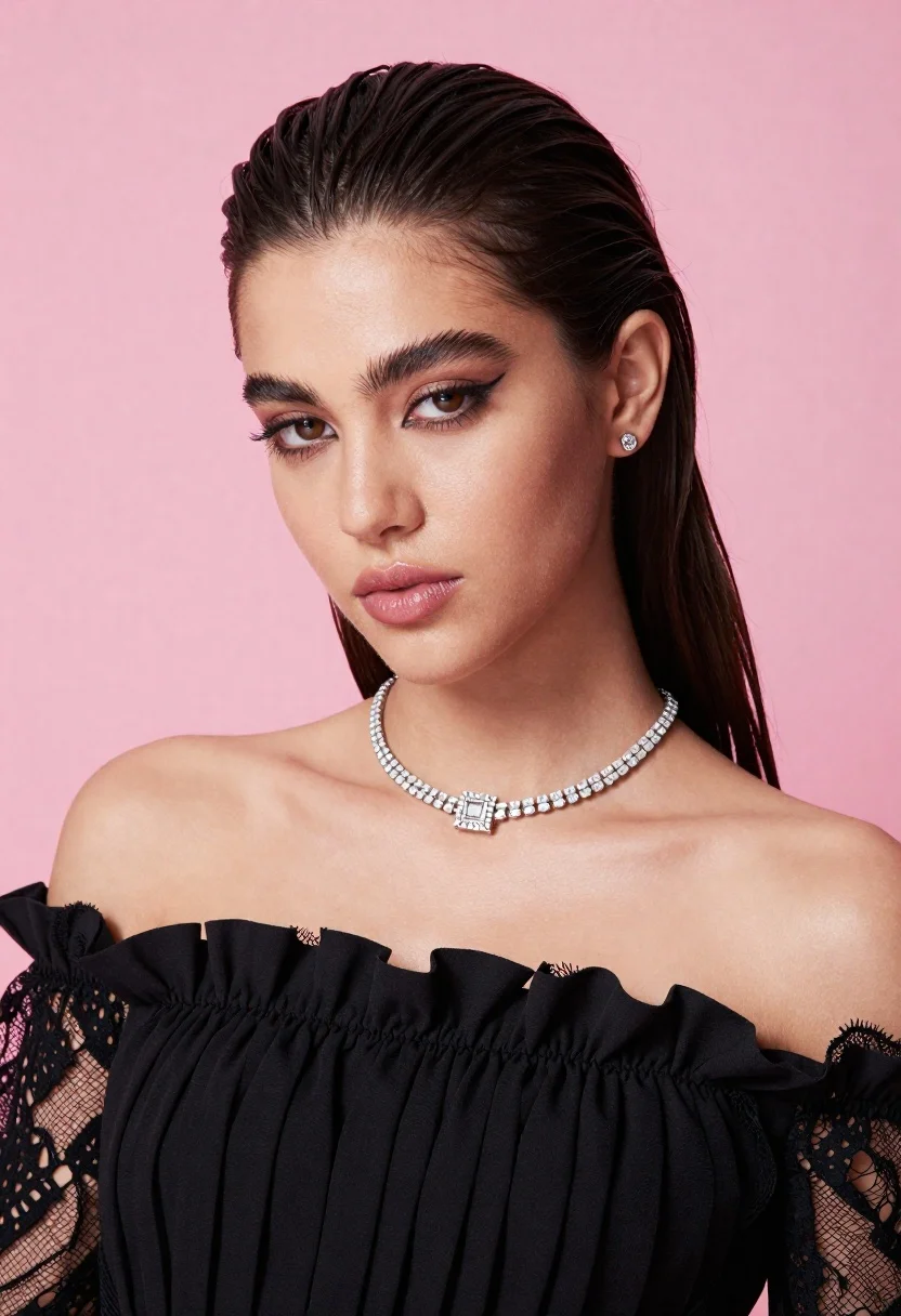 Glamorous Portrait Young Woman With Dark Hair Styled Sleek Ponytail reference photo