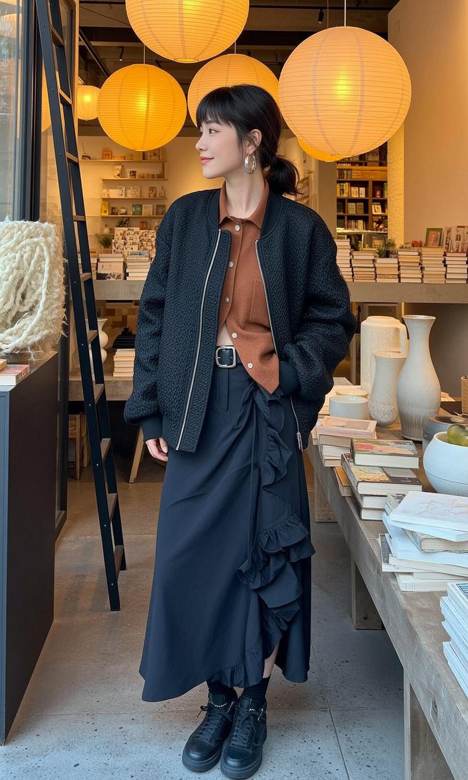 Bookstore Bomber Jacket Pose