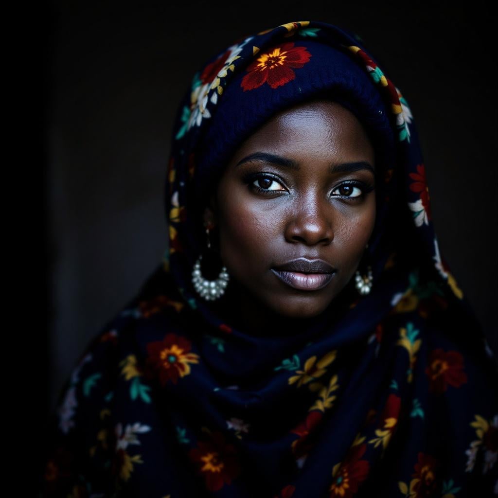 Floral Headscarf Statement Earrings Dramatic Lighting