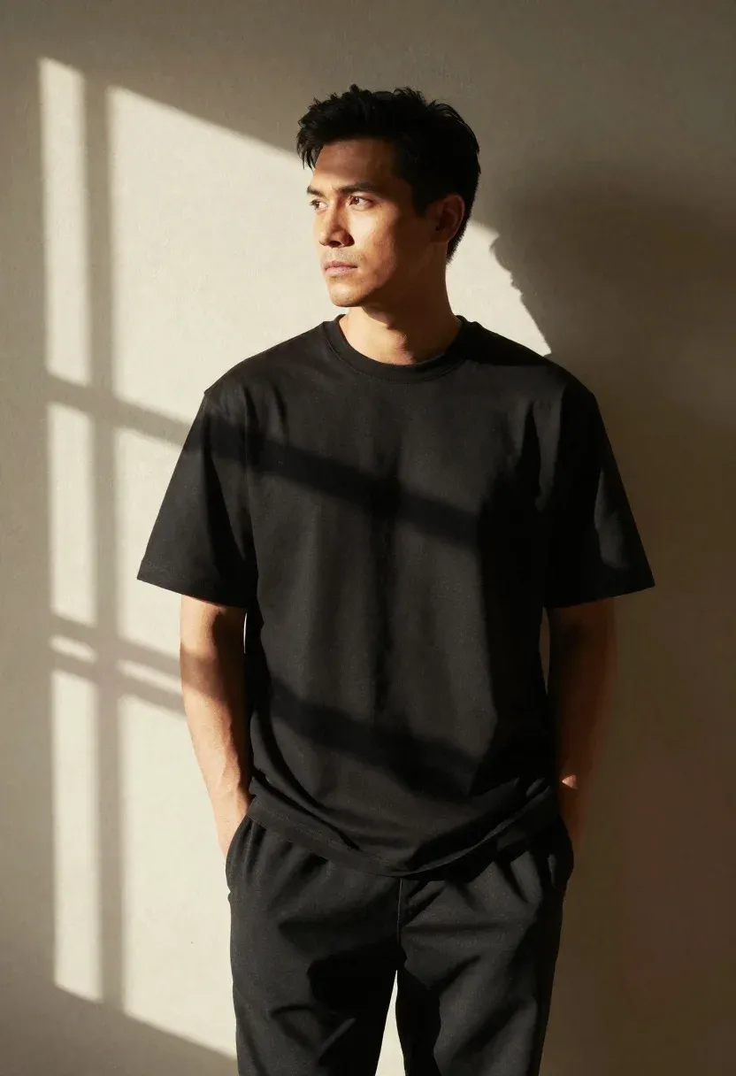 Photorealistic Portrait Man Standing Against Interior Wall Bathed Dappled Sunlight