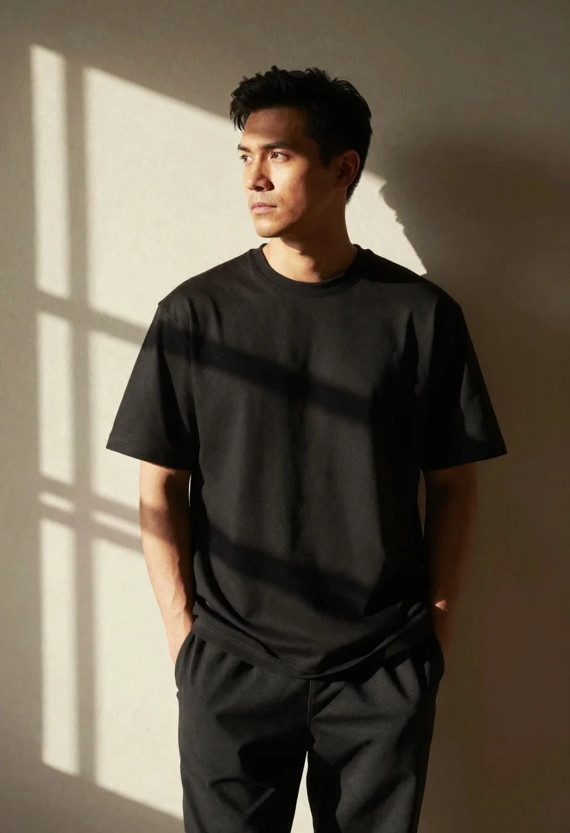 Photorealistic Portrait Man Standing Against Interior Wall Bathed Dappled Sunlight reference photo