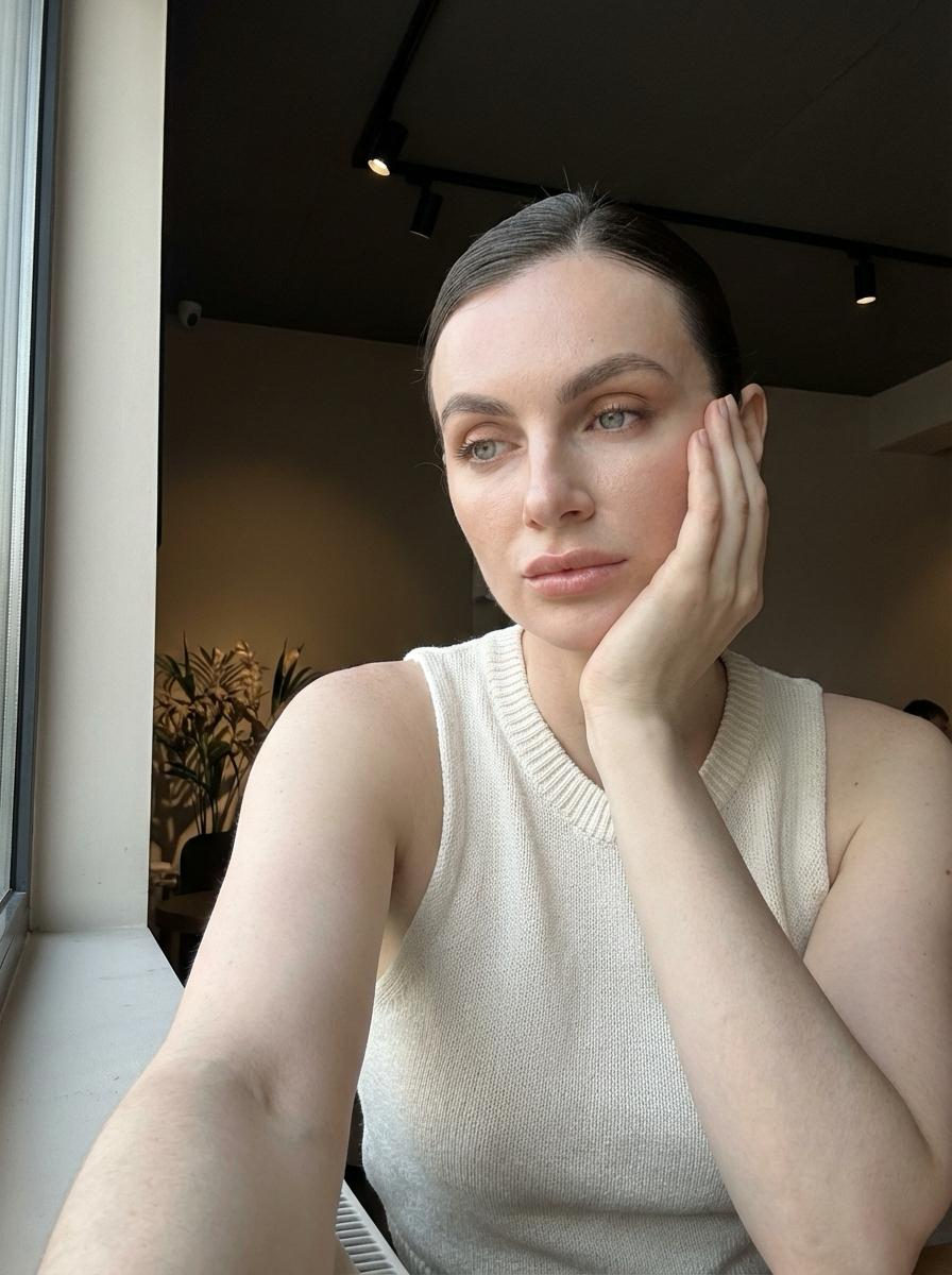 A woman seated indoors by a window, resting her cheek on her palm, with soft natural lighting highlighting her features.