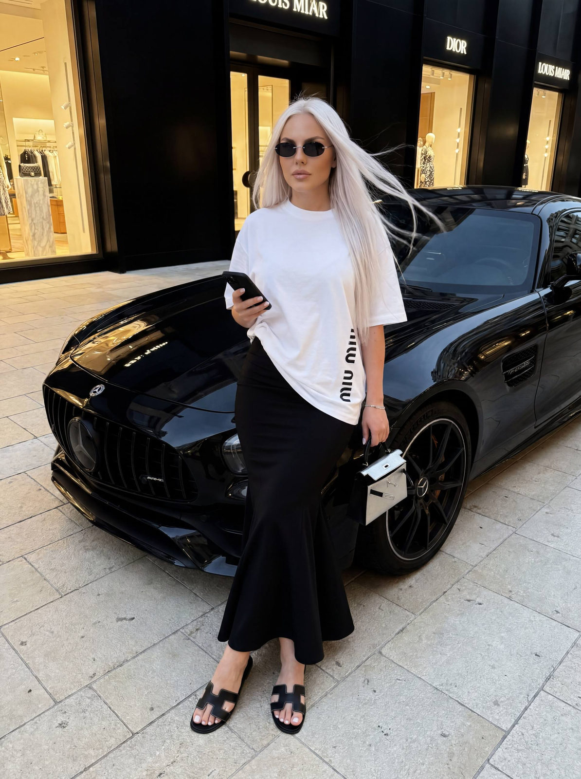 Leaning On Amg Sports Car With Flowing White