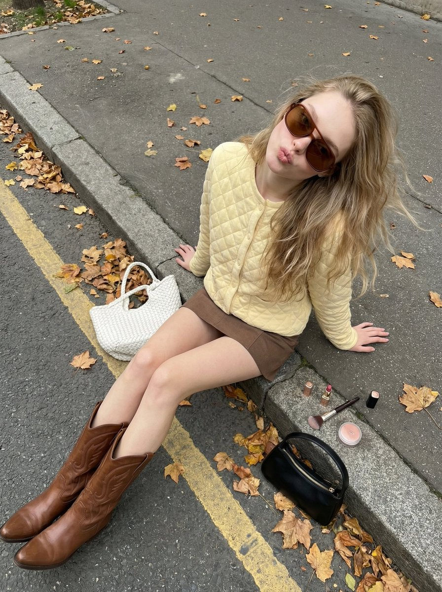 Beautiful European girl sitting on a curb with autumn leaves, wearing a pale yellow cardigan and brown mini skirt.