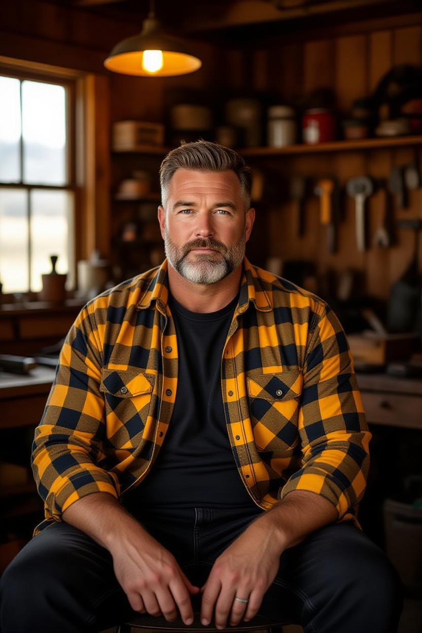 Portrait of a broad-built man in a plaid shirt inside a cozy workshop, warm orange lighting and blurred tool wall in the background.