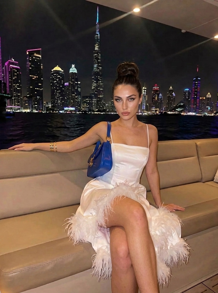A woman in a white spaghetti-strap dress sits on a beige boat bench, city skyline illuminated at night.