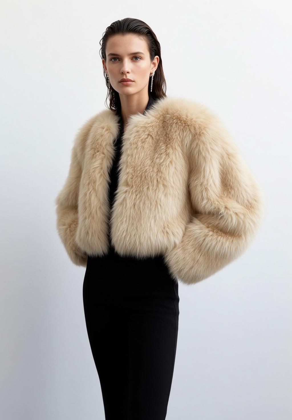 Dark Wet Hair Cream Fur Jacket Studio