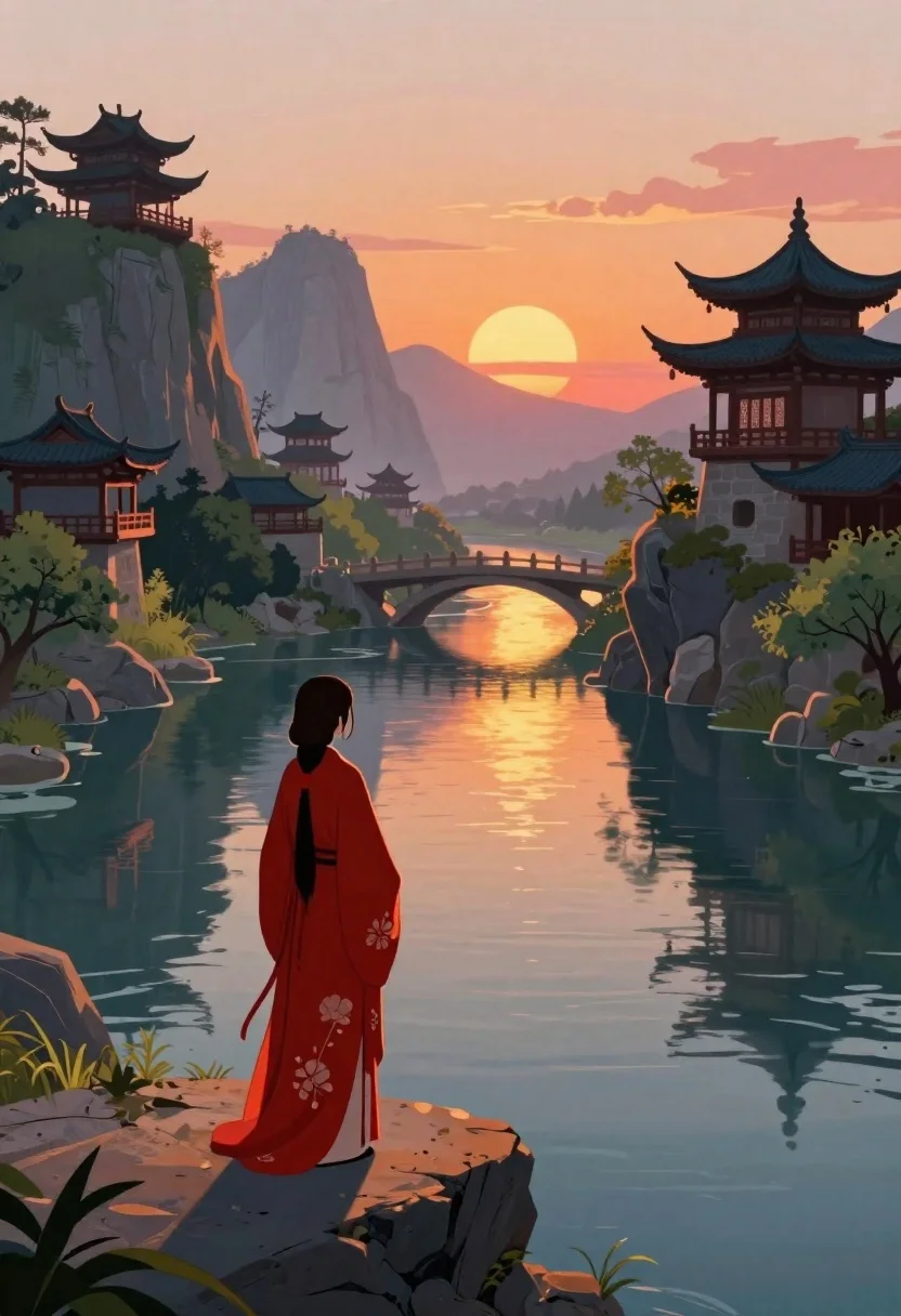 Digital Painting Serene Riverside Scene Sunset Featuring East Asian Woman reference photo