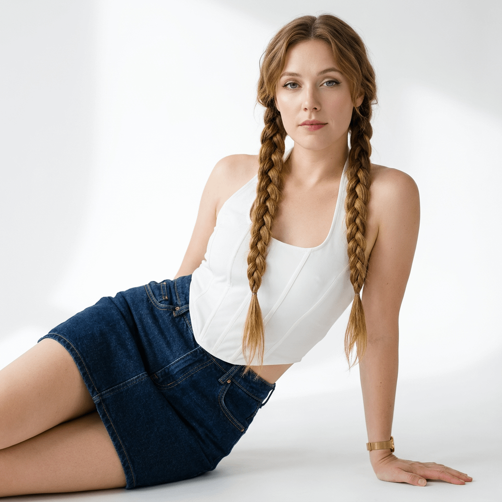 White Corset Floor Portrait Golden Braids