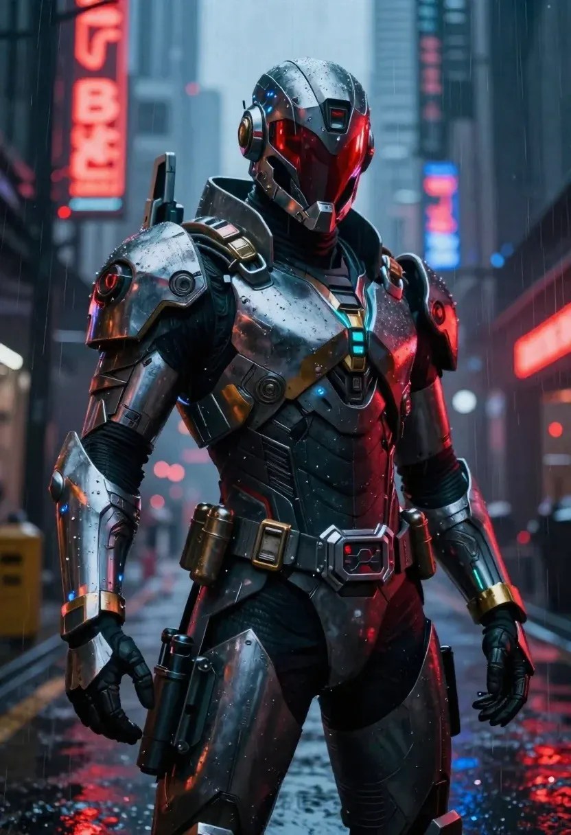 Digital Painting Futuristic Cyberpunk Warrior Standing Rainy Neon-lit City Street