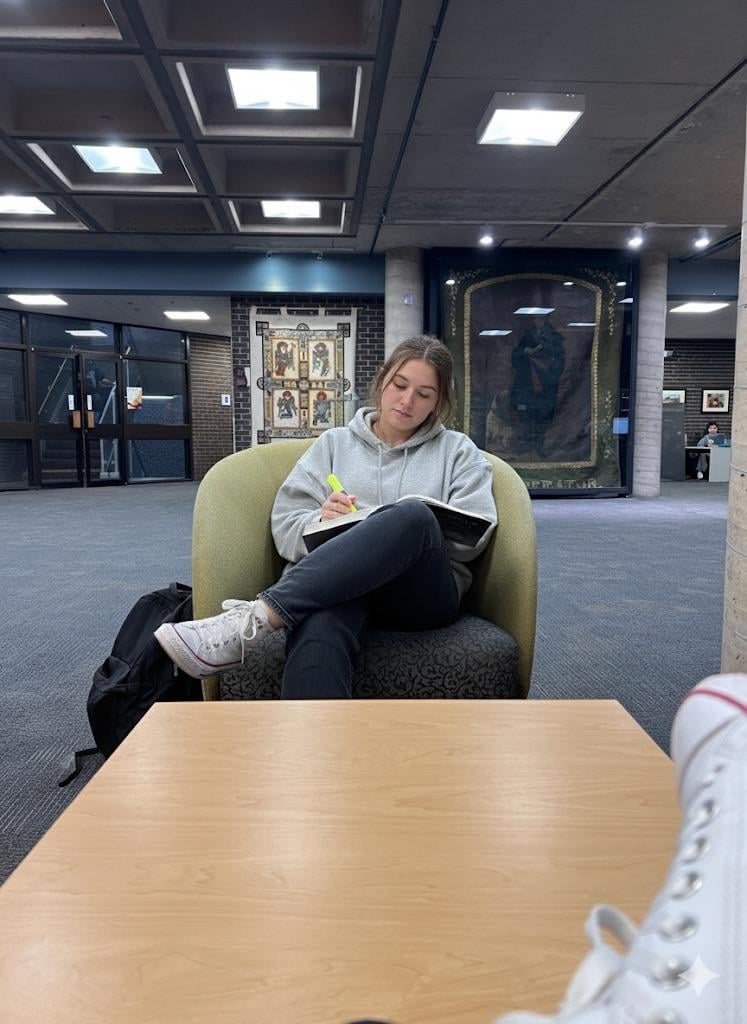 Light Grey Hooded Sweatshirt And Dark Grey In Library Lounge