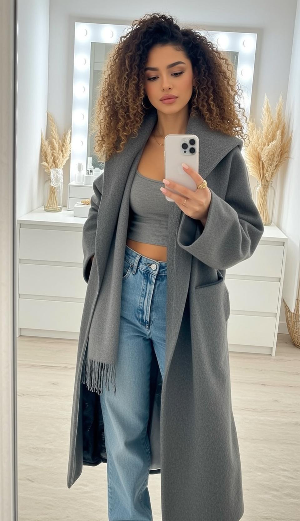 Stands Facing Mirror Holding Her Phone 2