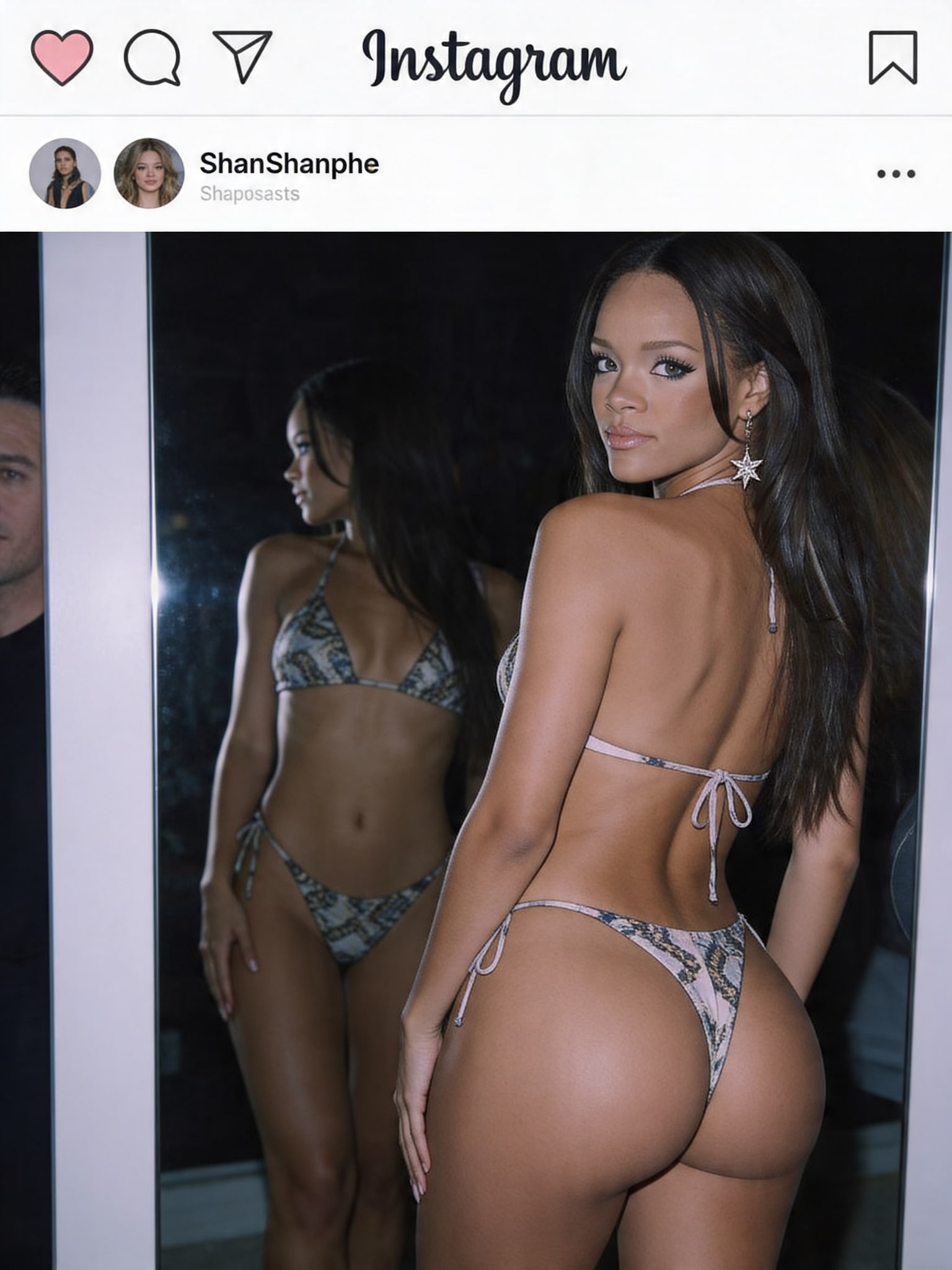 A girl in a bikini takes a mirror selfie, her back turned to the camera, head turned to showcase her face.