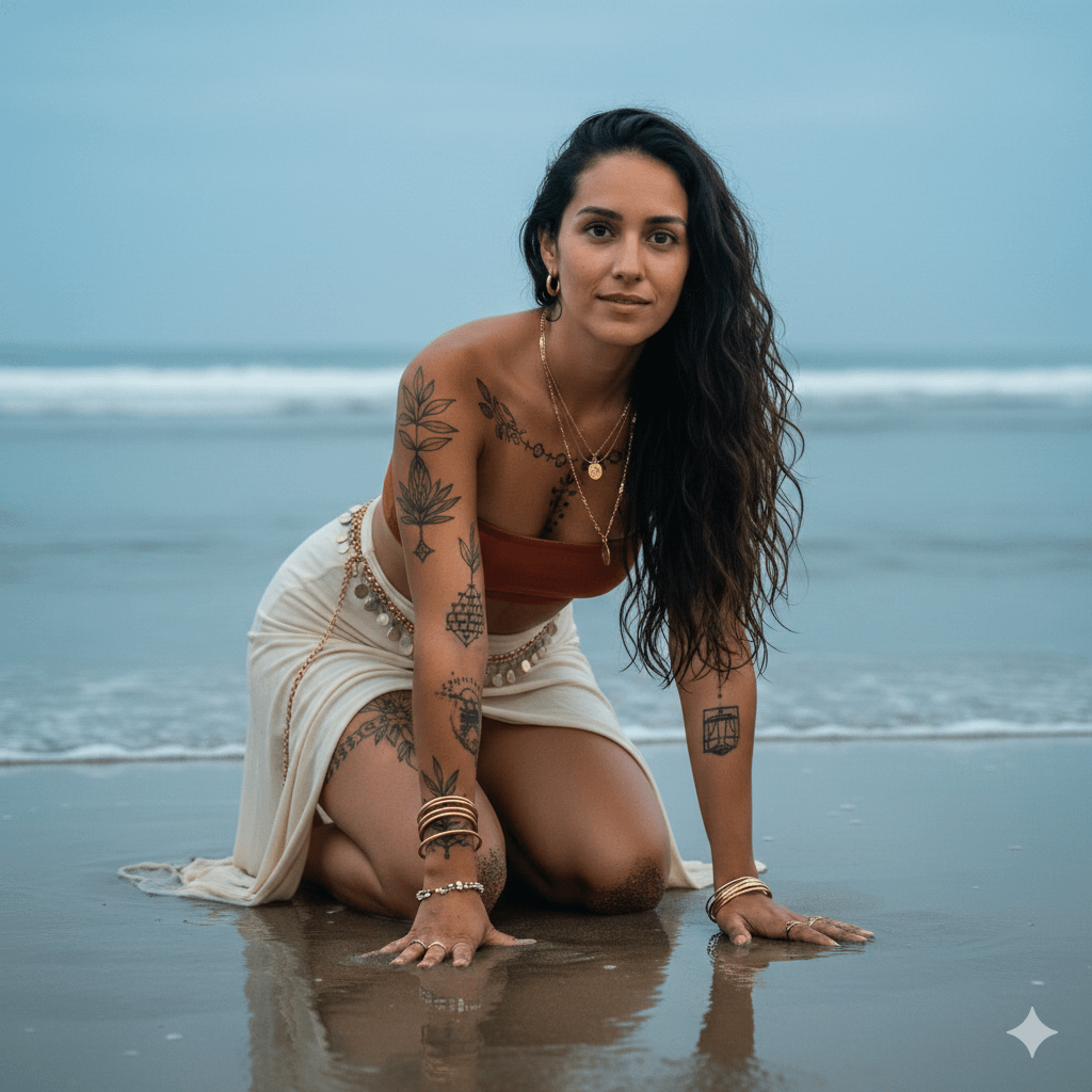 Kneeling Wet Sand Beach Dusk Bohemian Style