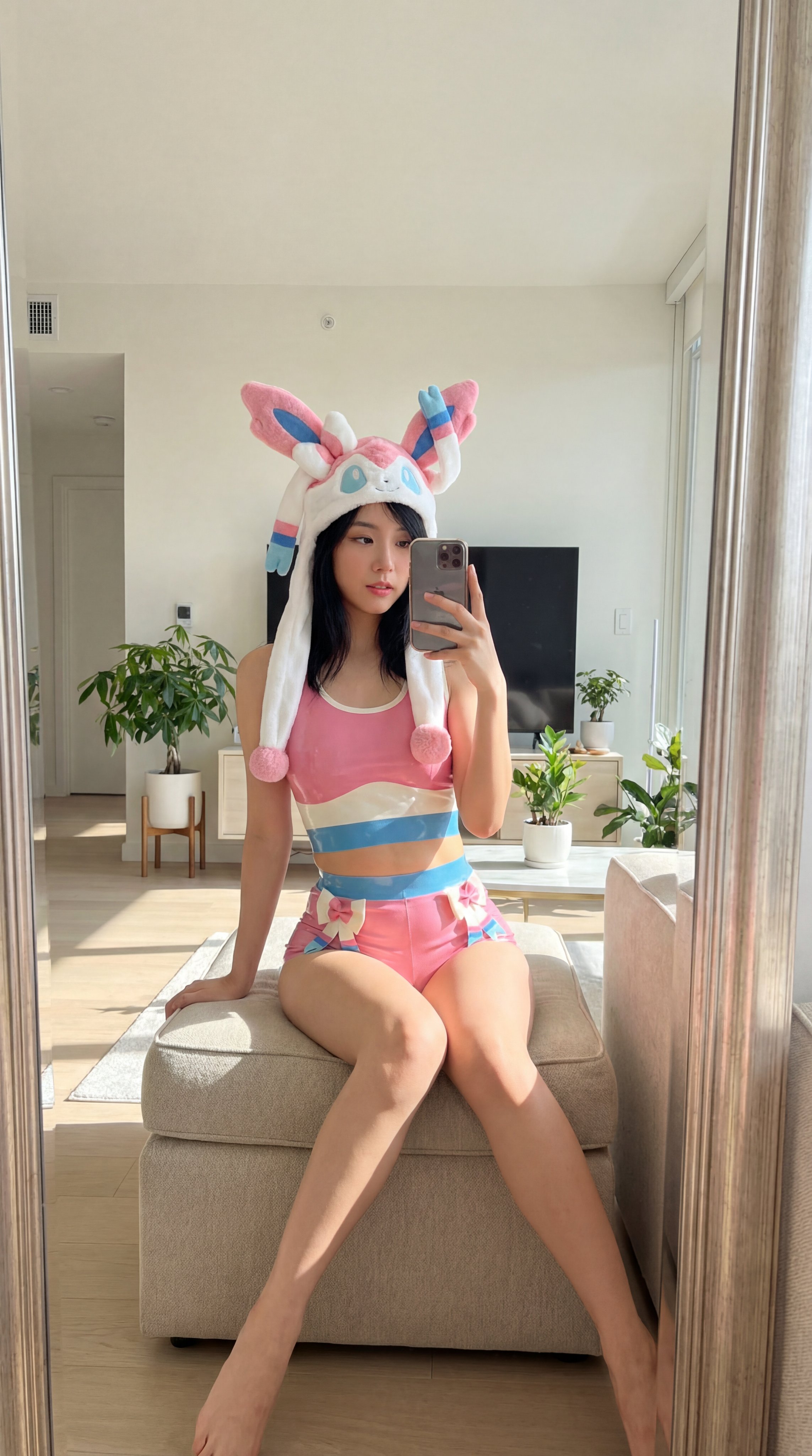 Sylveon Latex Outfit Mirror Selfie Modern Room