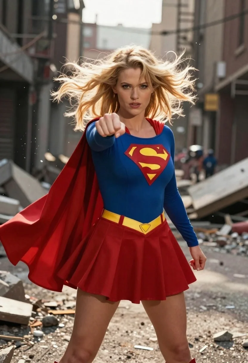 Subject Blonde Woman Blue And Red Supergirl Costume With Yellow reference photo
