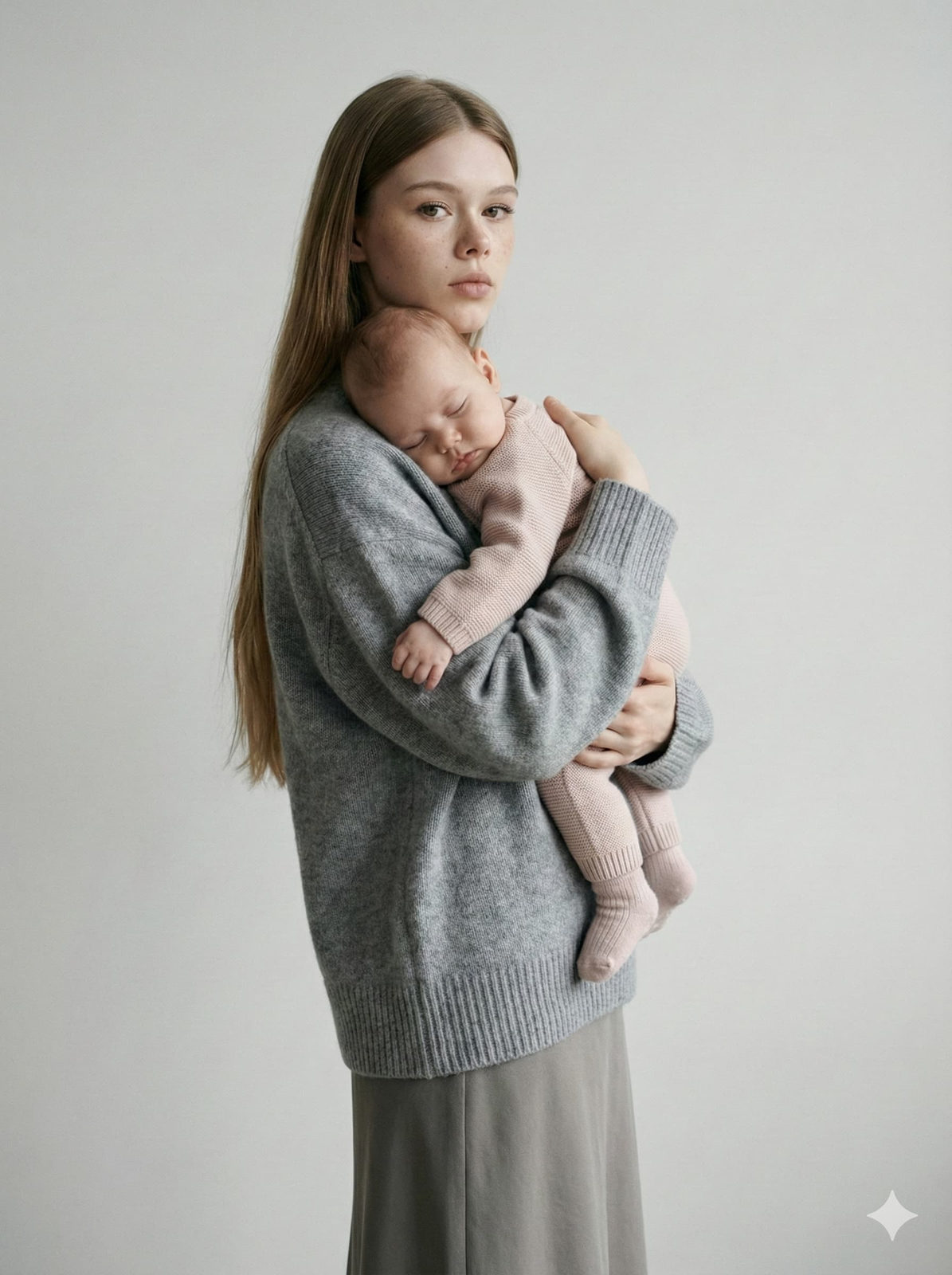 A woman in a grey sweater holding a peacefully sleeping baby in a pale pink onesie against a light grey background.